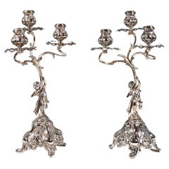 Pair Of 3-Flame Art Nouveau Silver Candleholders With Putti, Germany, Ca 1900
