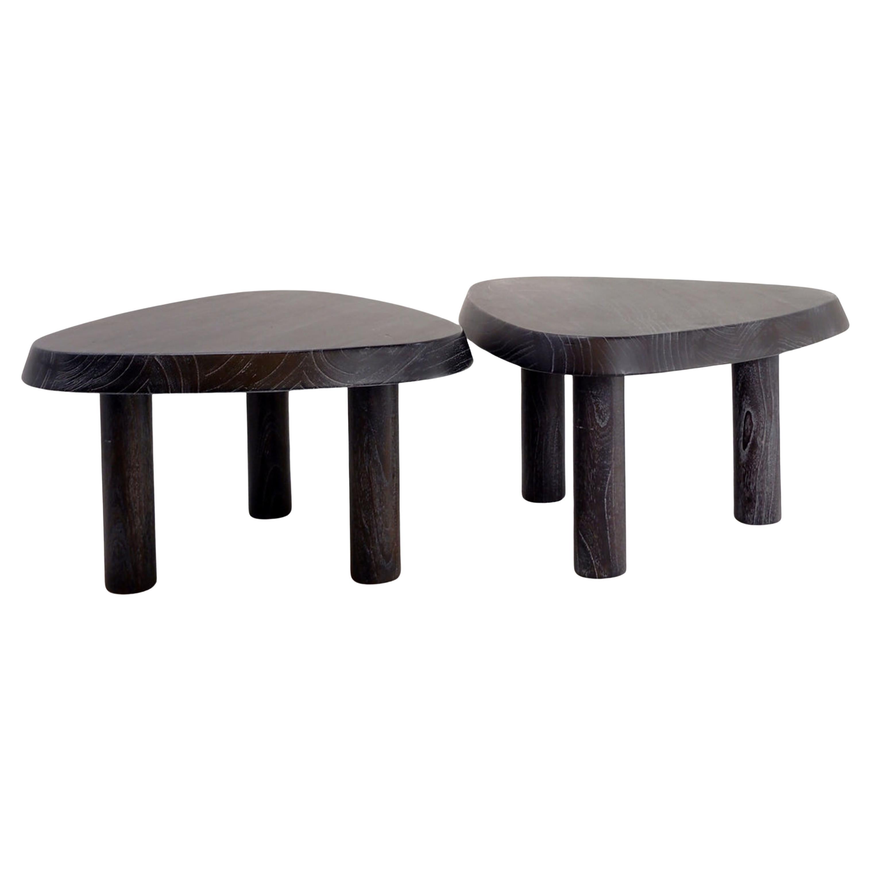 Pair of 3-legged side tables - in the style of Pierre Chapo