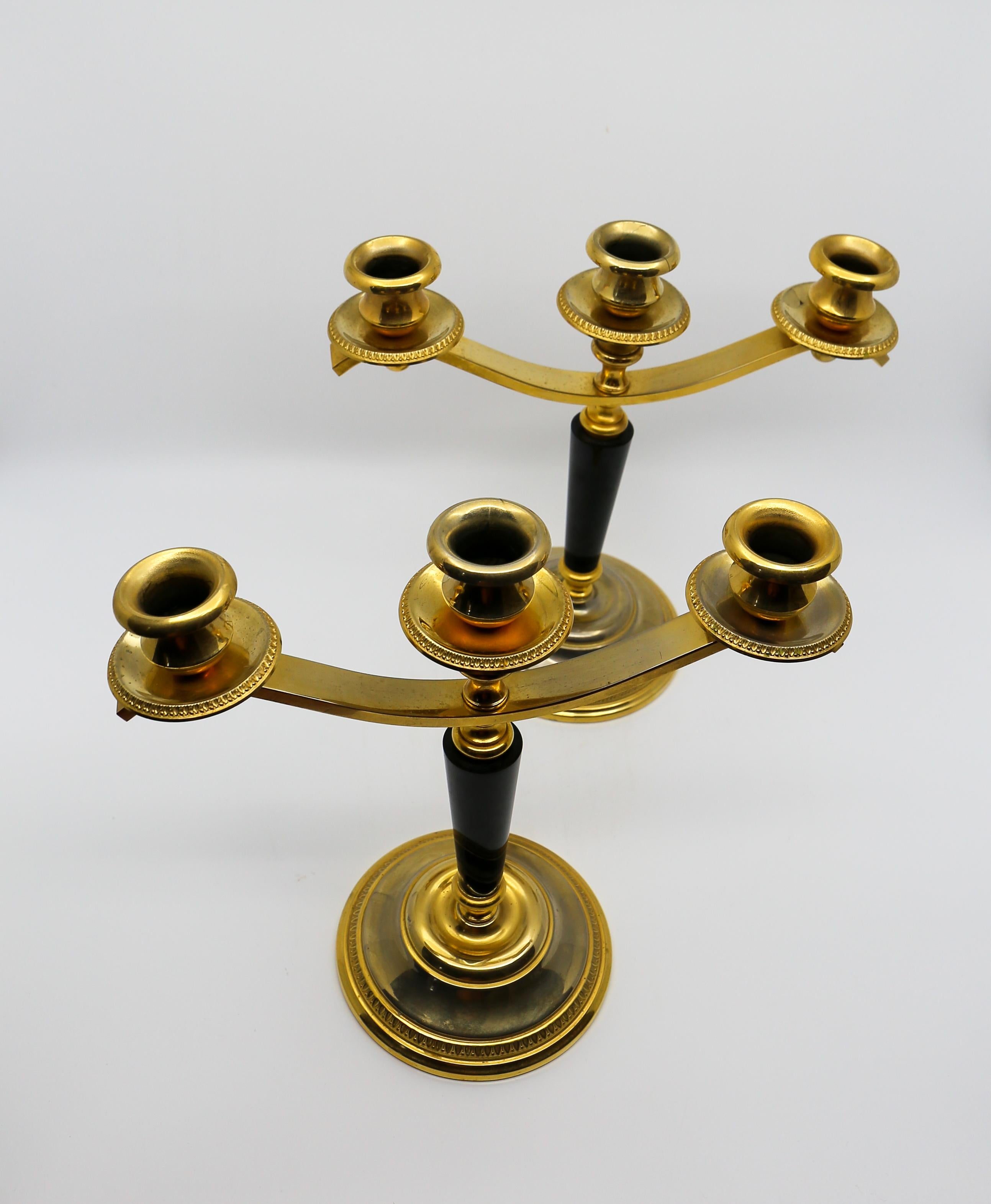 Mid-Century Modern Pair of 3-Light Brass Candelabras For Sale