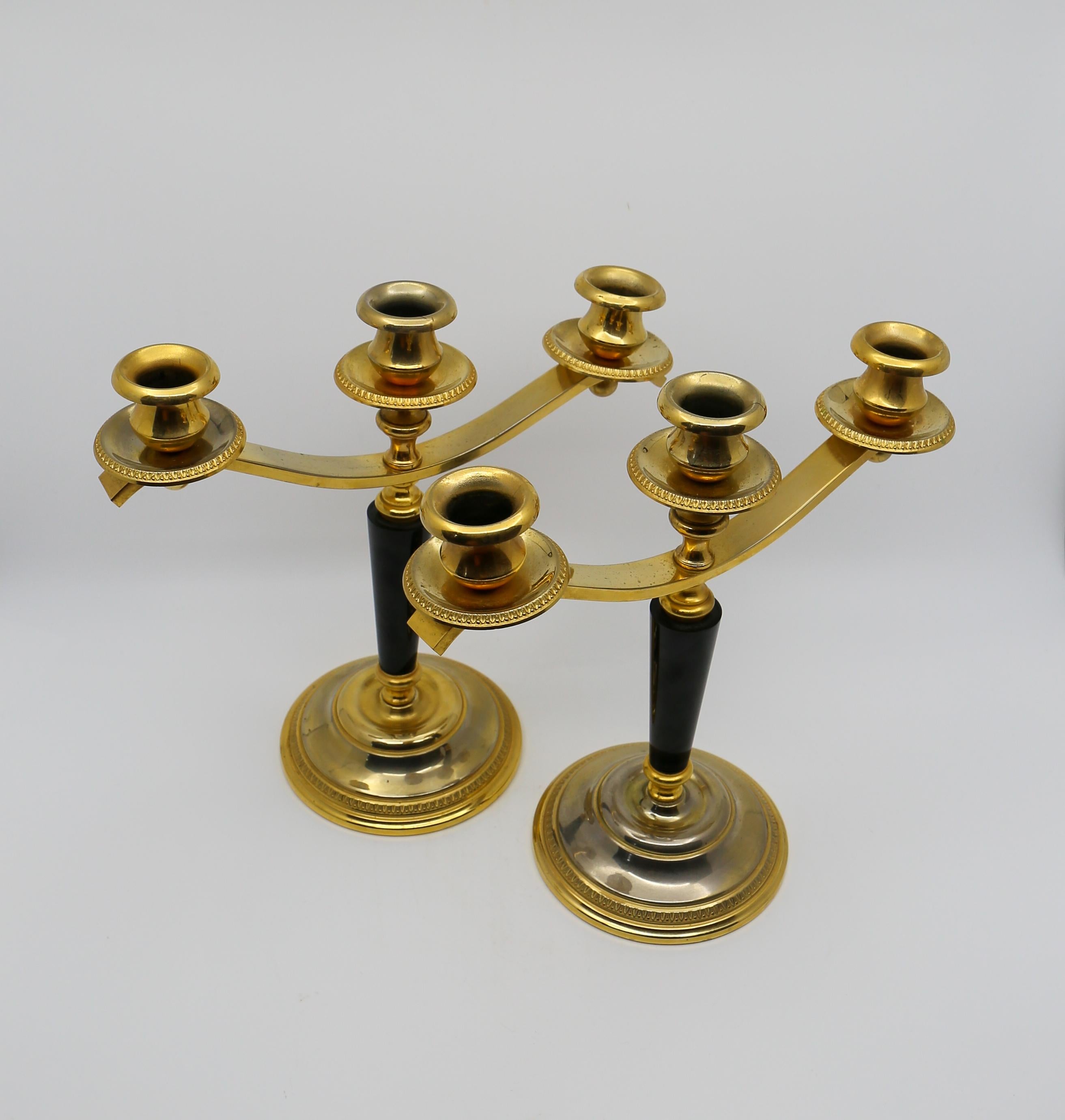 French Pair of 3-Light Brass Candelabras For Sale