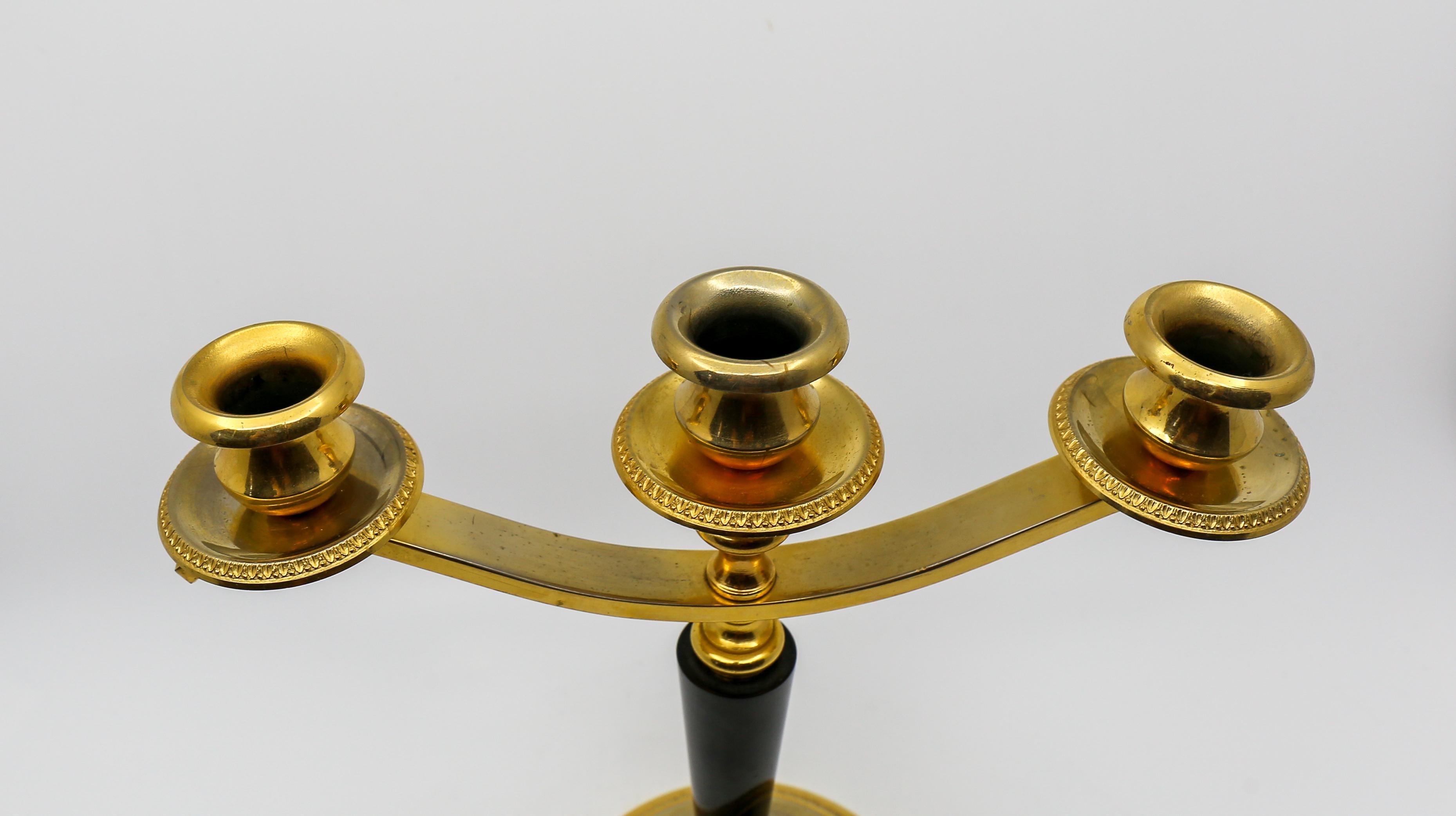 20th Century Pair of 3-Light Brass Candelabras For Sale