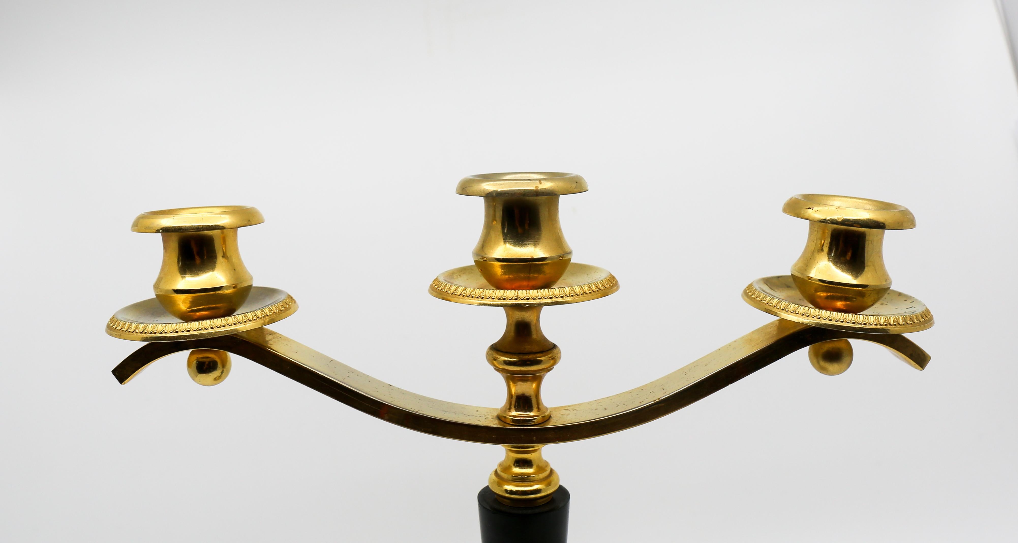 Pair of 3-Light Brass Candelabras For Sale 1