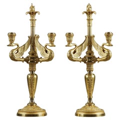 Pair of 3-light torches in chased and gilded bronze, signed Barbedienne