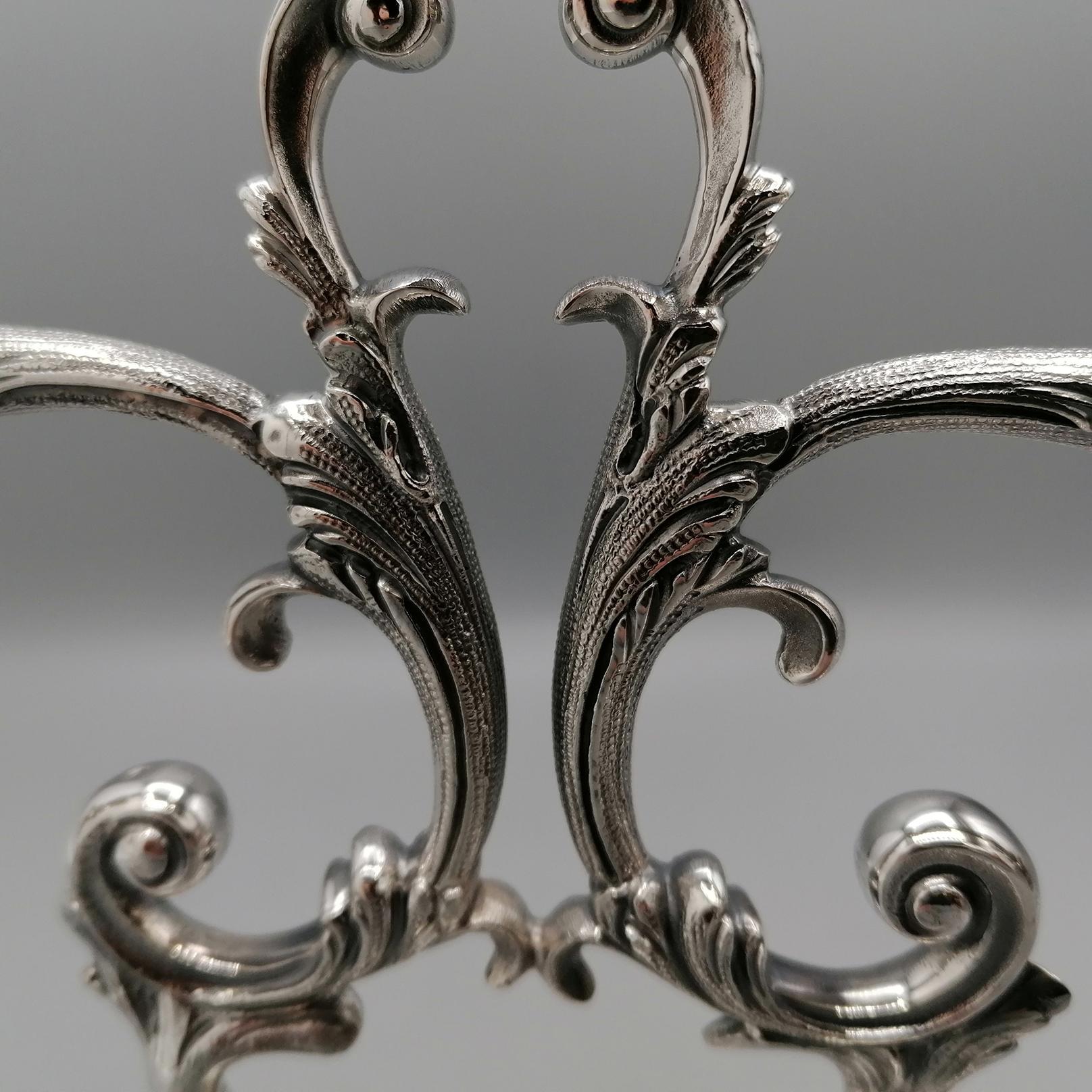 Pair of 3-lights Solid Silver Italian candelabras in Baroque style For Sale 6