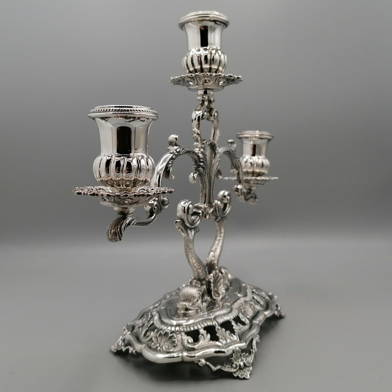 Pair of 3-lights Solid Silver Italian candelabras in Baroque style For Sale 8