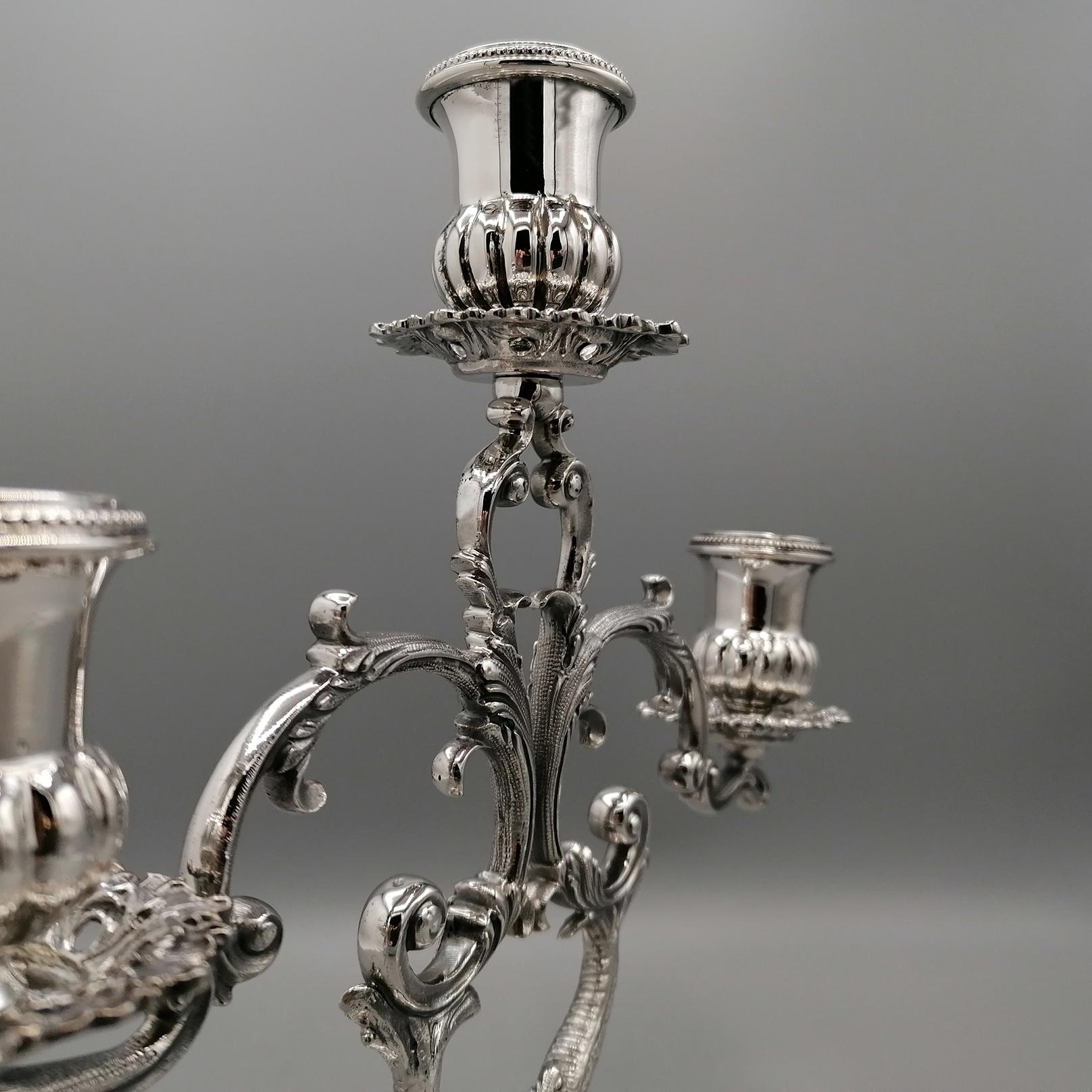 Pair of 3-lights Solid Silver Italian candelabras in Baroque style For Sale 9