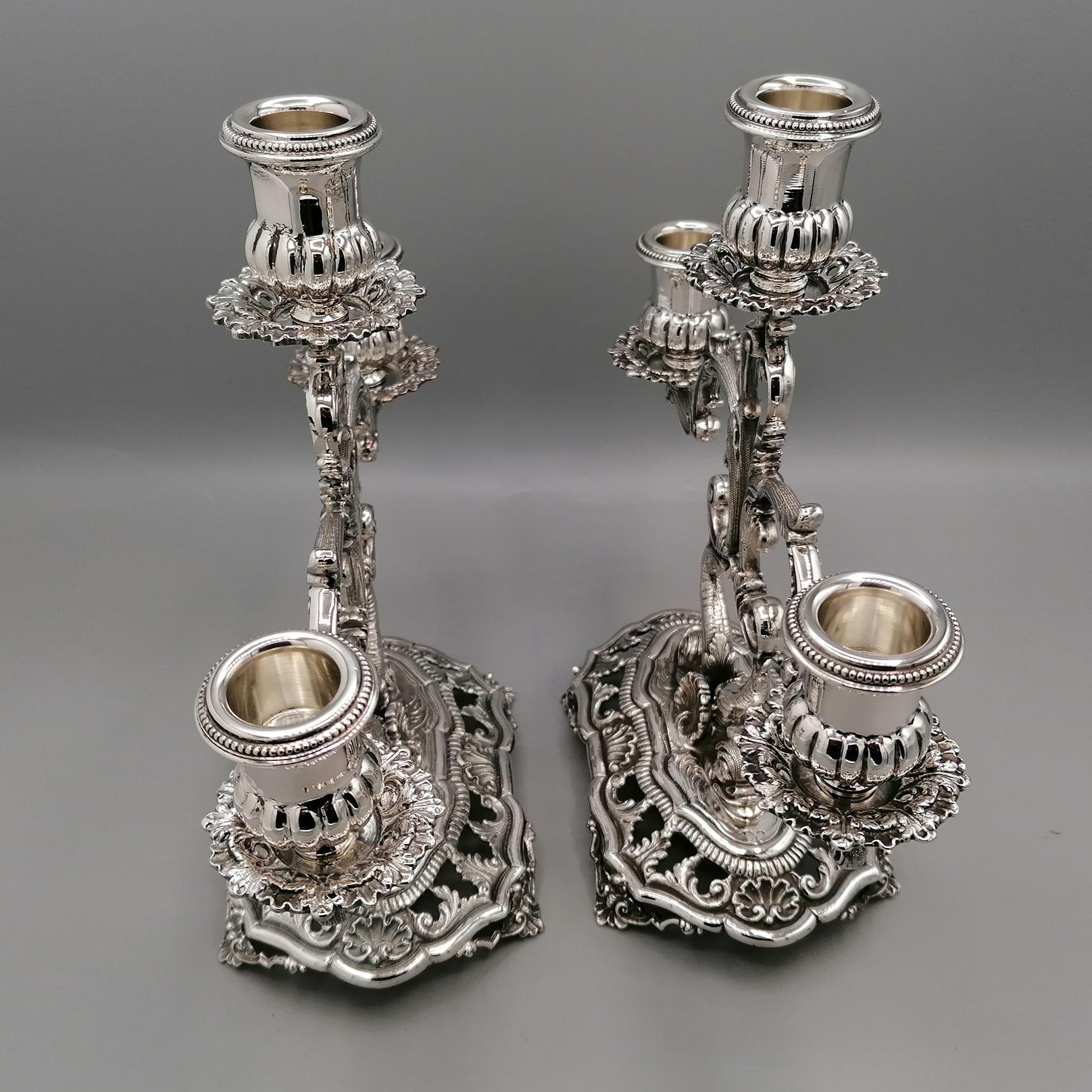 Pair of 3-lights Solid Silver Italian candelabras in Baroque style For Sale 14