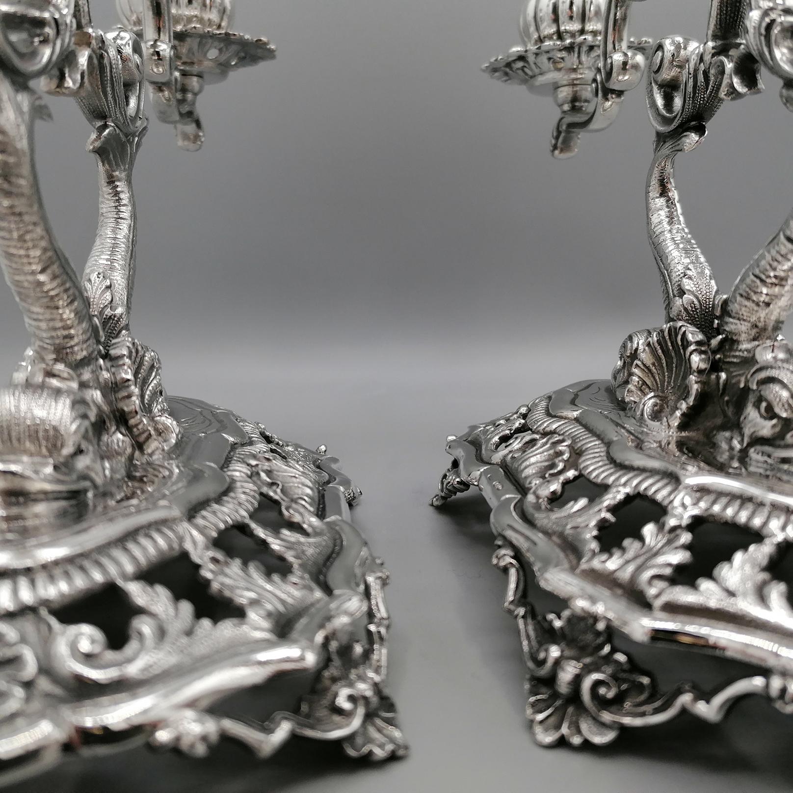 Pair of 3-lights Solid Silver Italian candelabras in Baroque style For Sale 15