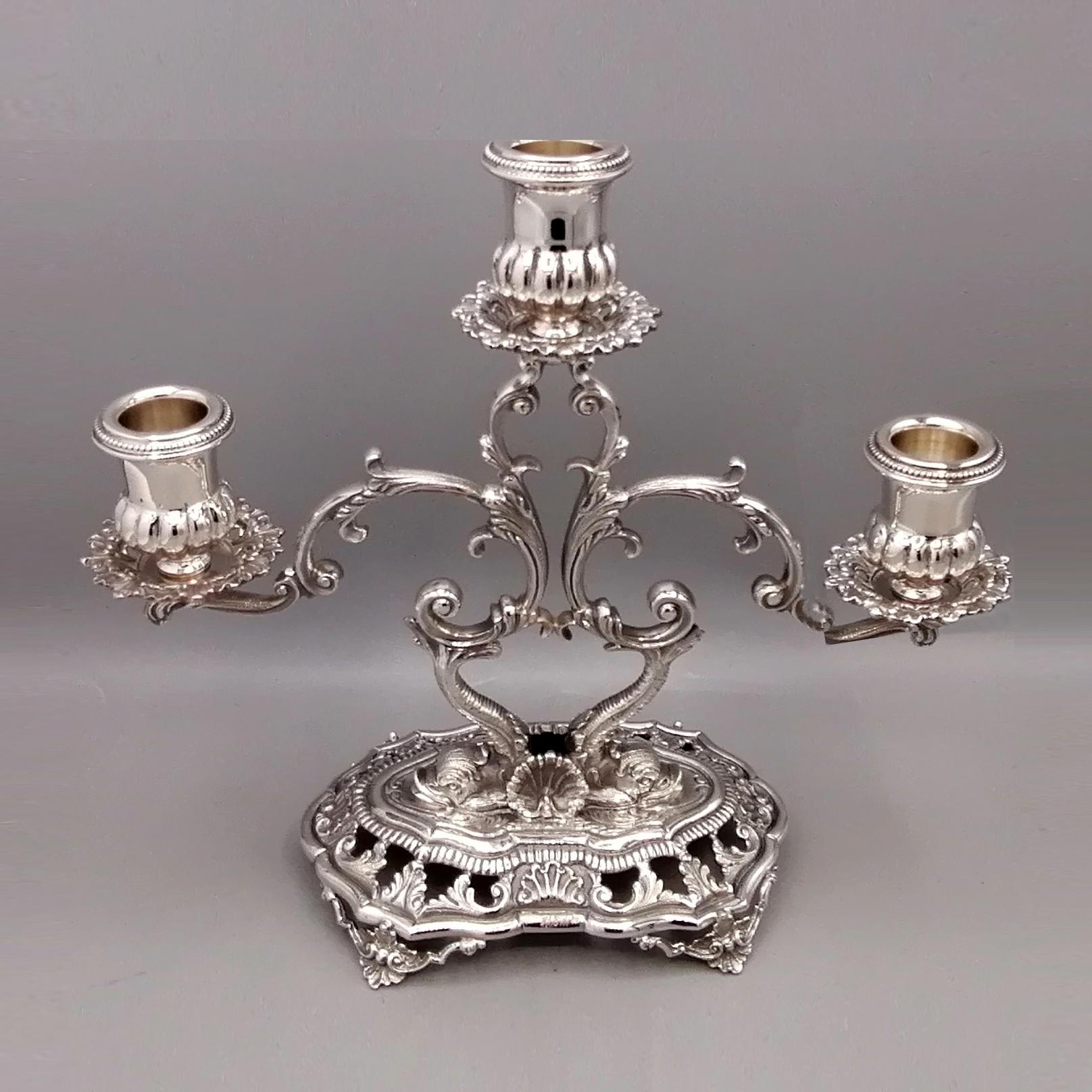 Pair of 3-lights Solid Silver Italian candelabras in Baroque style For Sale 1