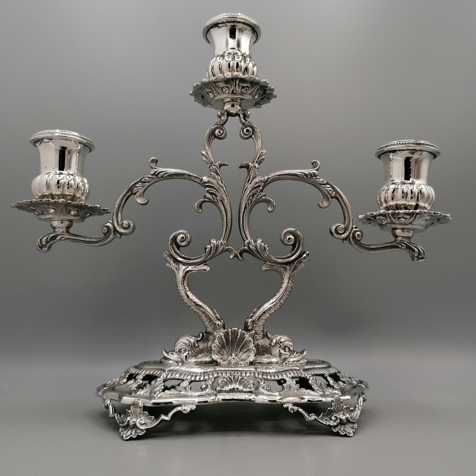 Pair of 3-lights Solid Silver Italian candelabras in Baroque style For Sale 2