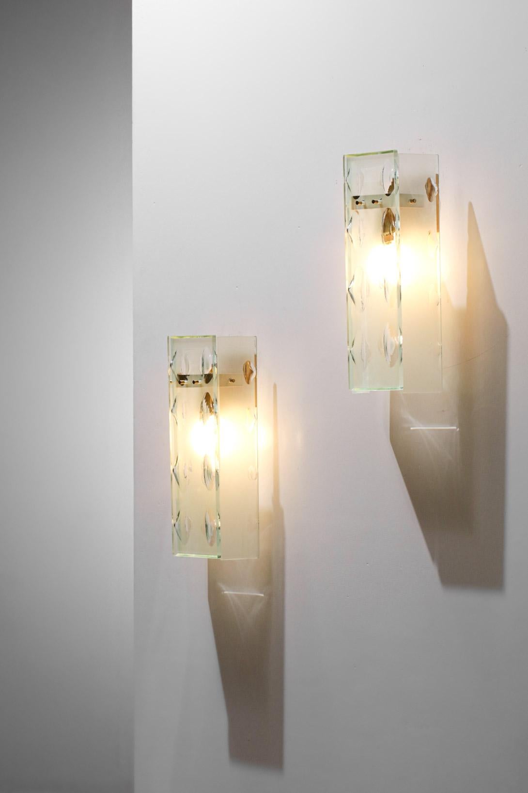 Pair of 3 Pane Frosted Glass Sconces Max Ingrand Style Fontana Arte Attrib- G100 For Sale 6