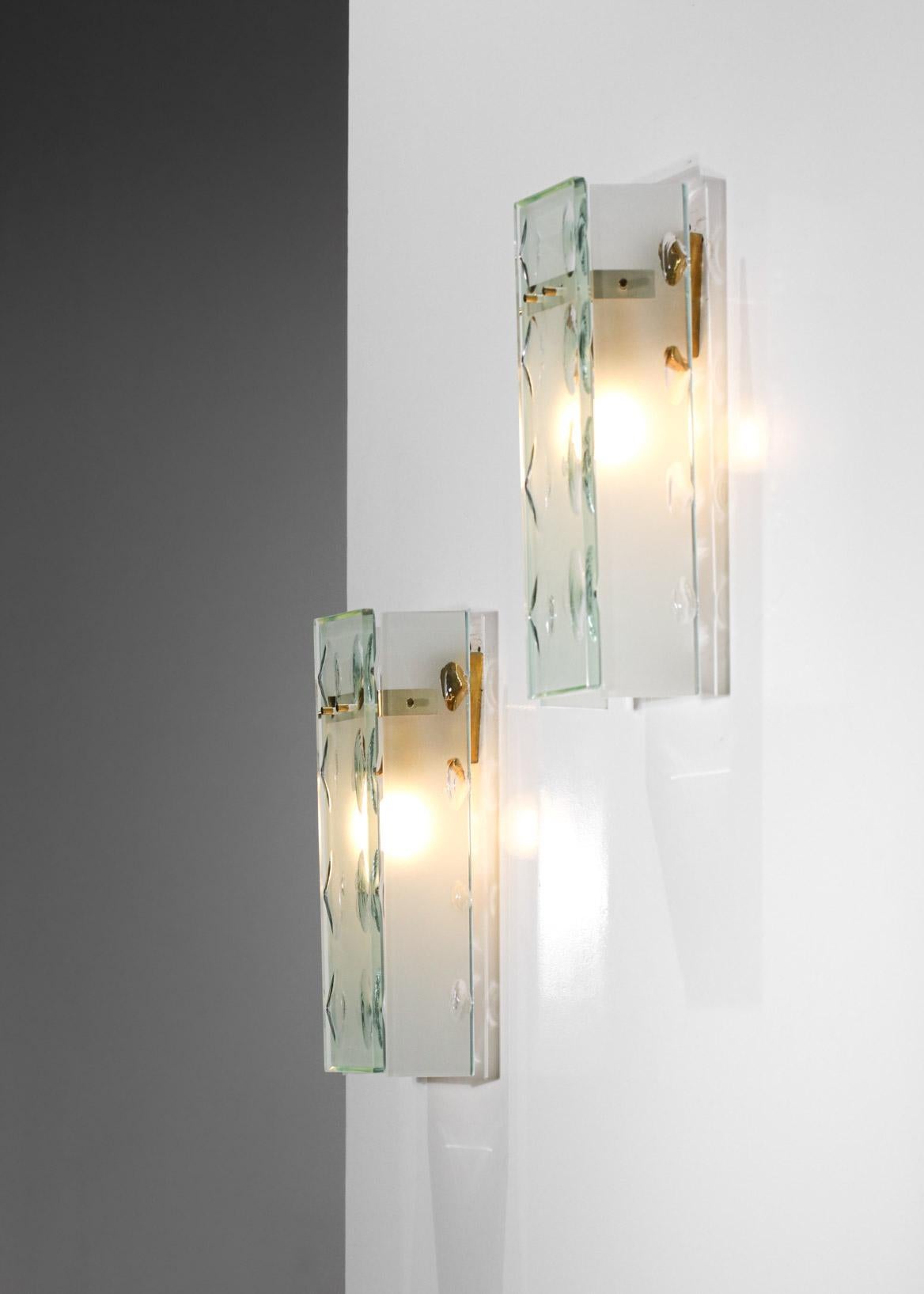 Brass Pair of 3 Pane Frosted Glass Sconces Max Ingrand Style Fontana Arte Attrib- G100 For Sale