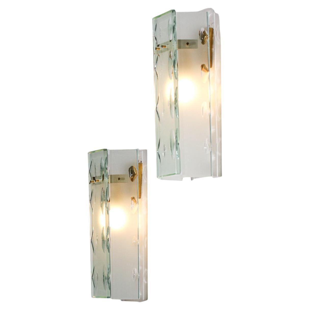 Pair of 3 Pane Frosted Glass Sconces Max Ingrand Style Fontana Arte Attrib- G100 For Sale