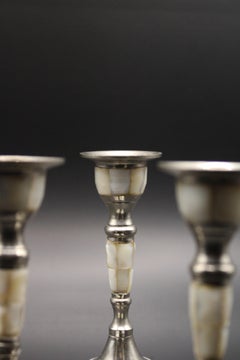 Pair of 3 Silver plated brass Candlesticks inlaid Mother of Pearl 1970 France