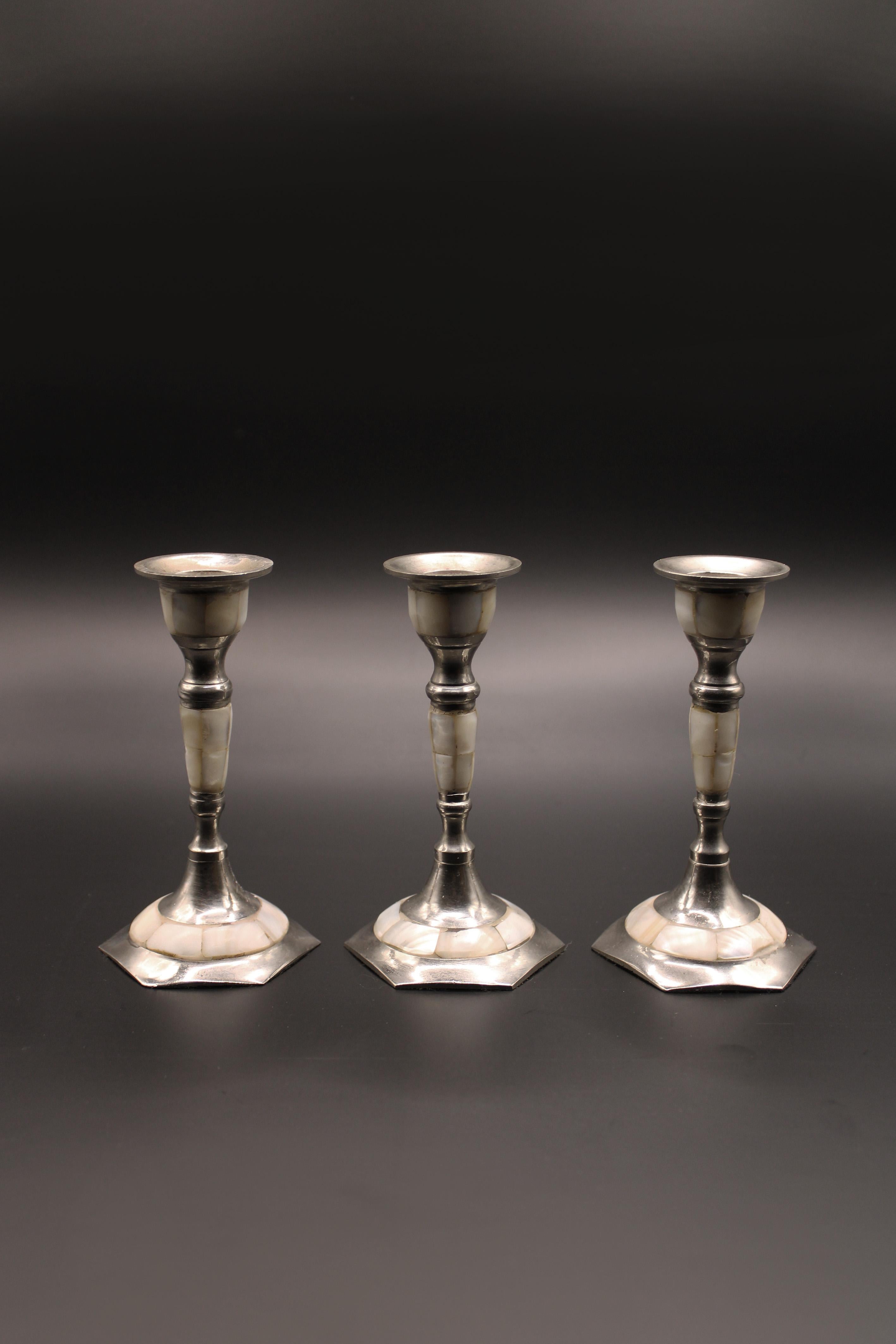 French Provincial Pair of 3 Silver plated brass Candlesticks inlaid Mother of Pearl 1970 France For Sale