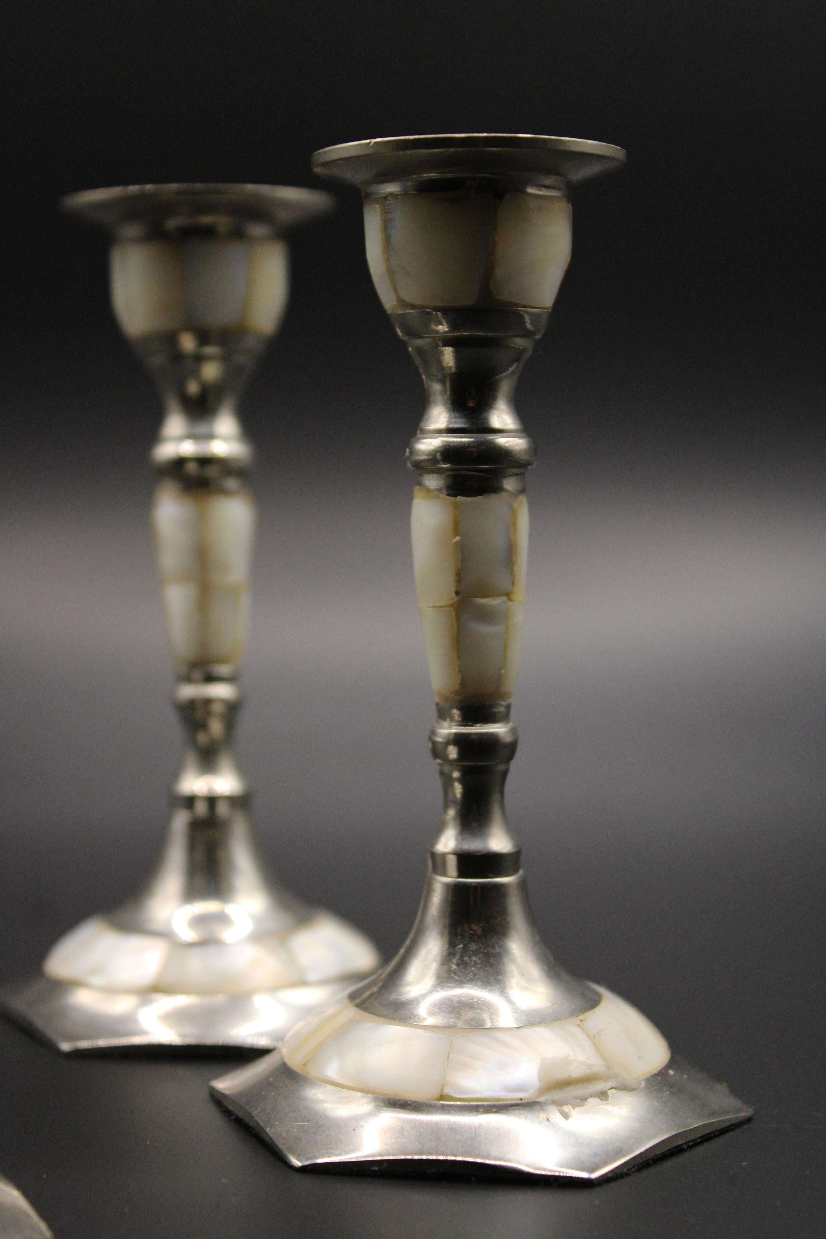 French Pair of 3 Silver plated brass Candlesticks inlaid Mother of Pearl 1970 France For Sale