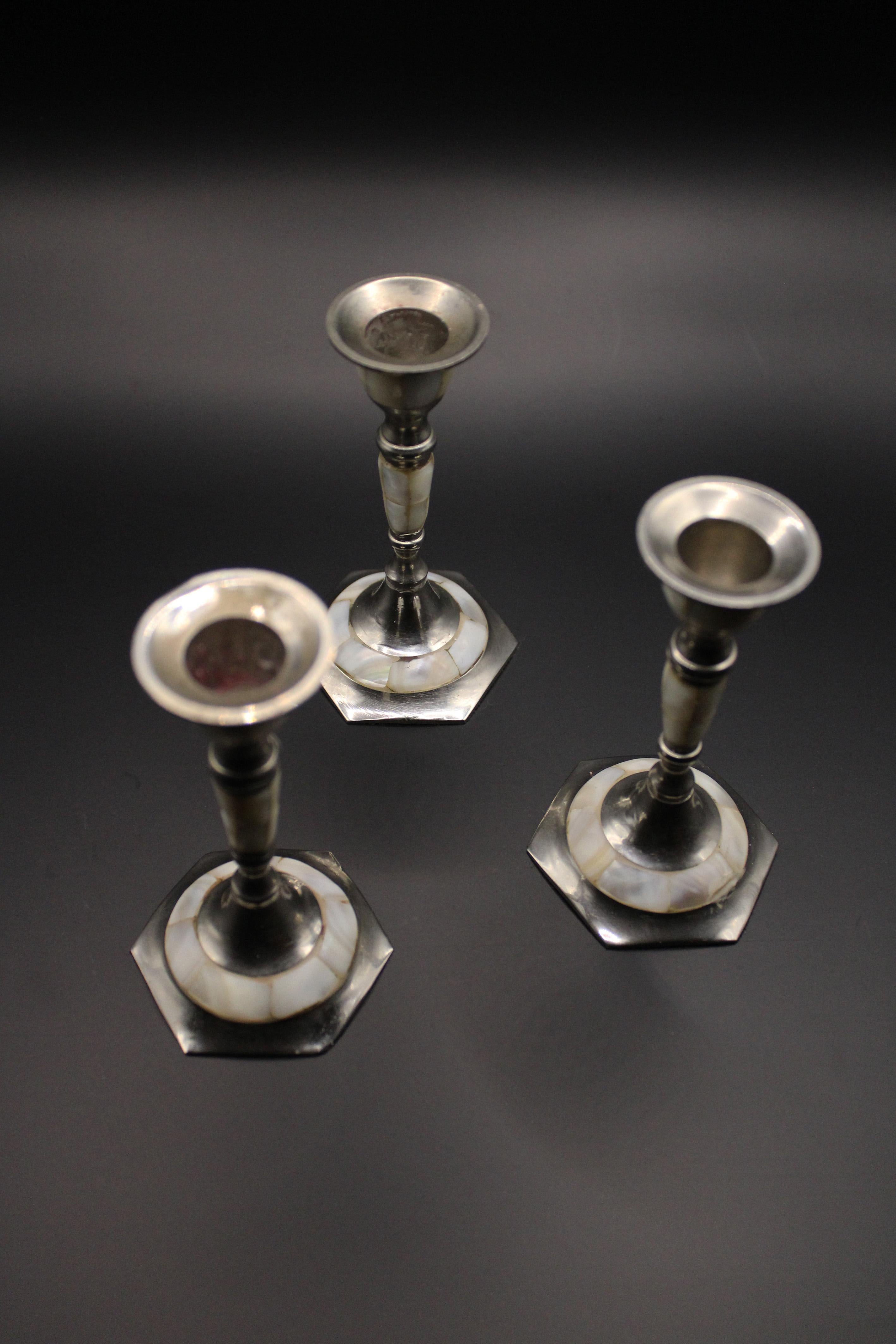 Inlay Pair of 3 Silver plated brass Candlesticks inlaid Mother of Pearl 1970 France For Sale