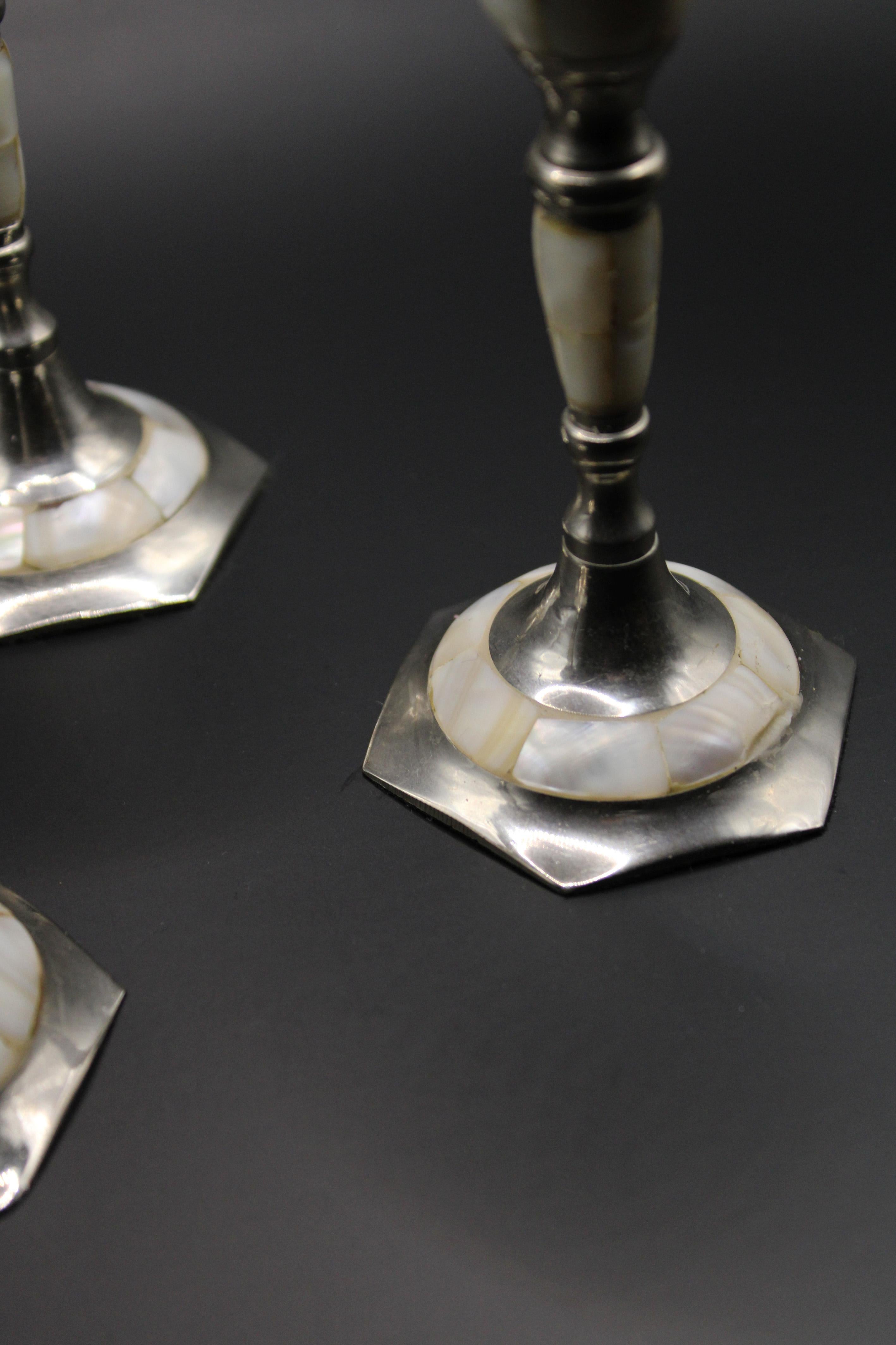 Pair of 3 Silver plated brass Candlesticks inlaid Mother of Pearl 1970 France In Good Condition For Sale In Antwerpen, BE