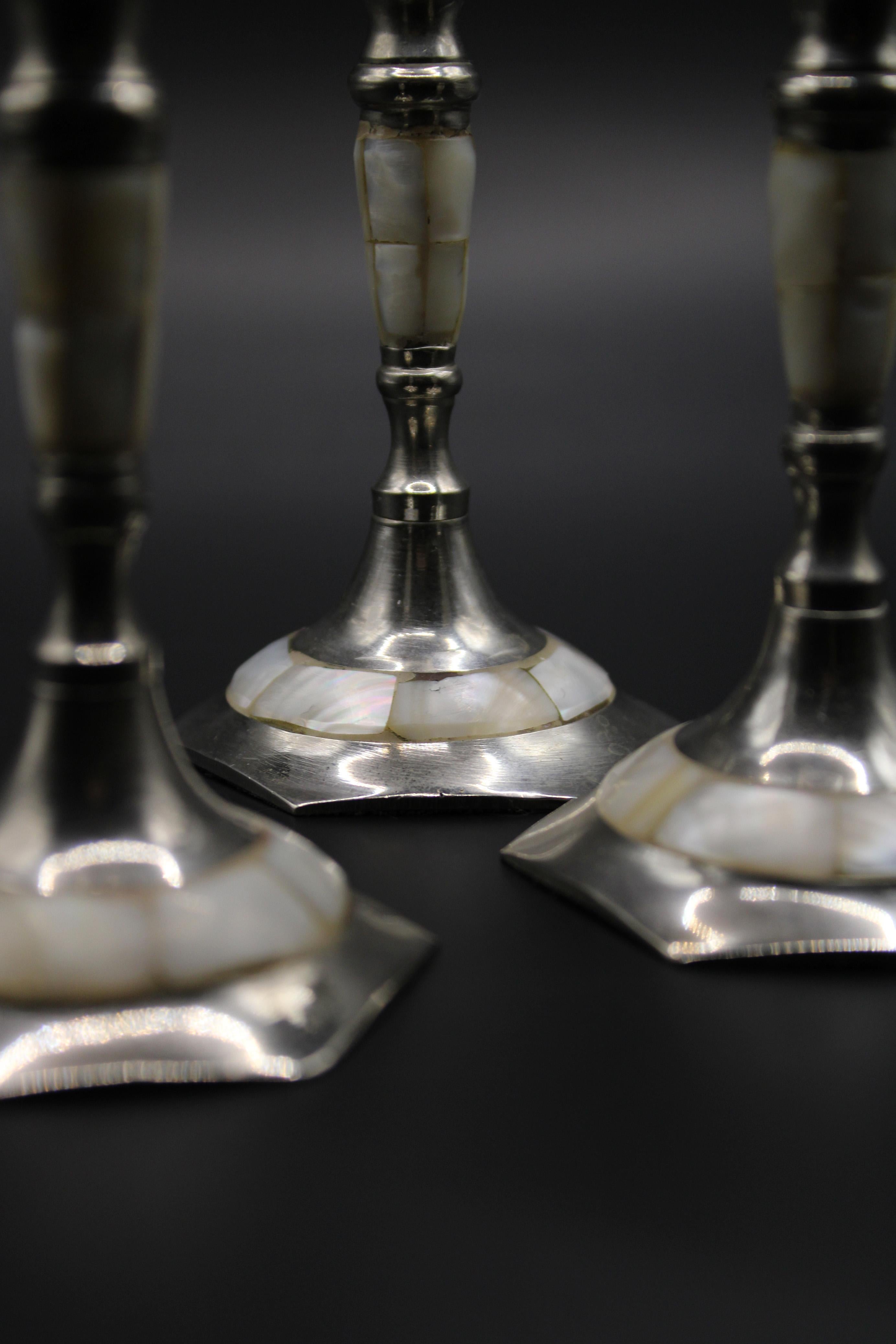 Late 20th Century Pair of 3 Silver plated brass Candlesticks inlaid Mother of Pearl 1970 France For Sale