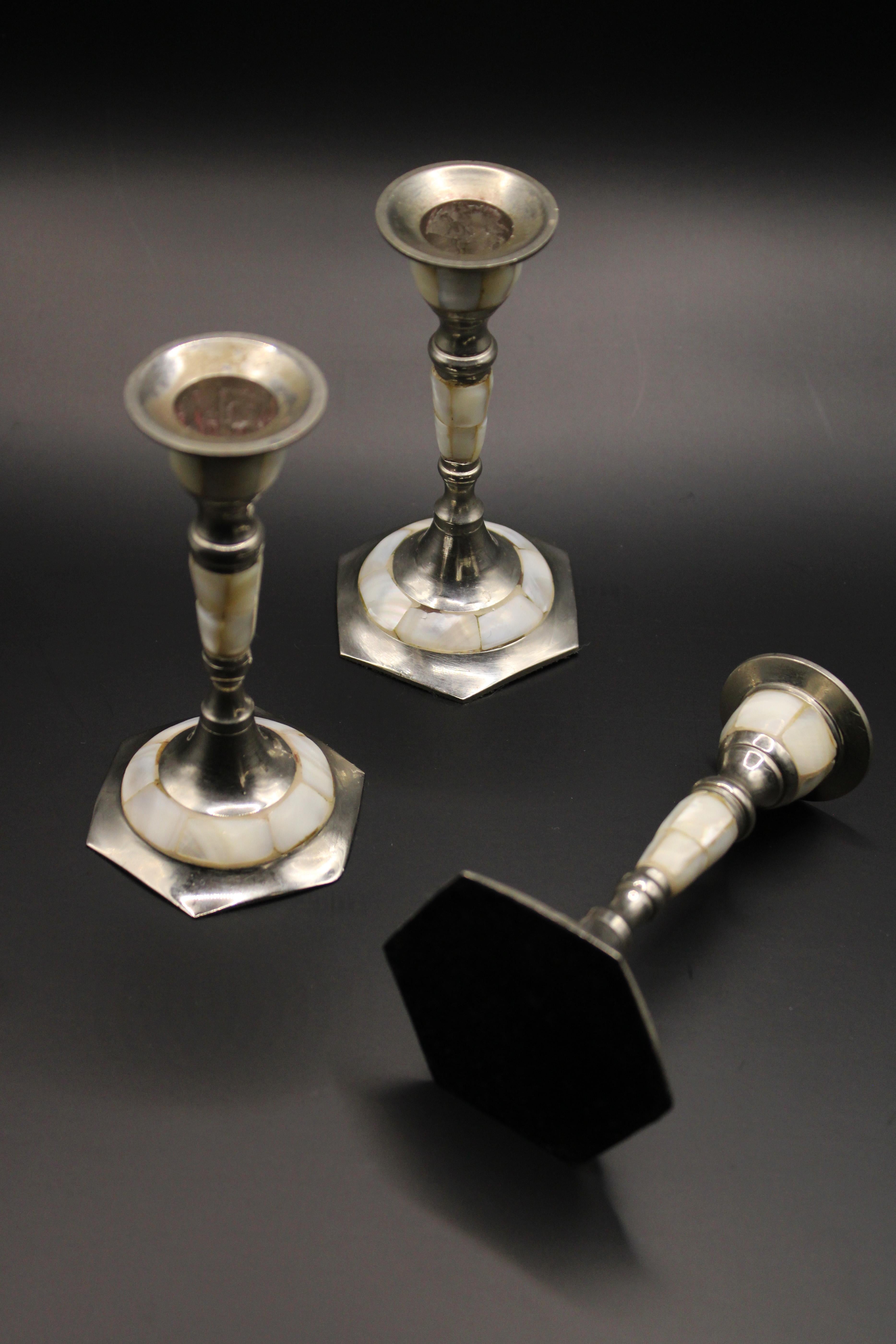 Brass Pair of 3 Silver plated brass Candlesticks inlaid Mother of Pearl 1970 France For Sale