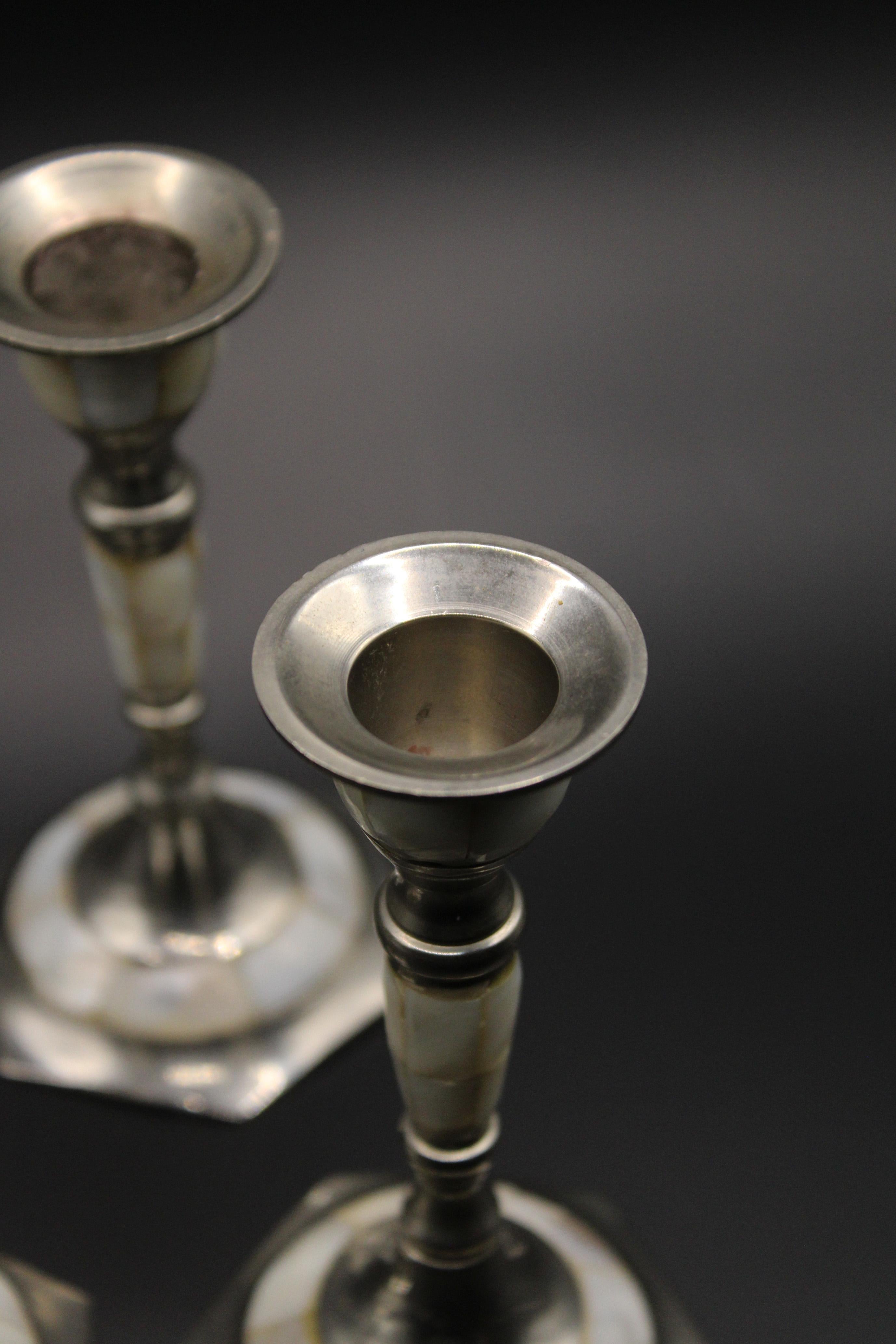 Pair of 3 Silver plated brass Candlesticks inlaid Mother of Pearl 1970 France For Sale 1