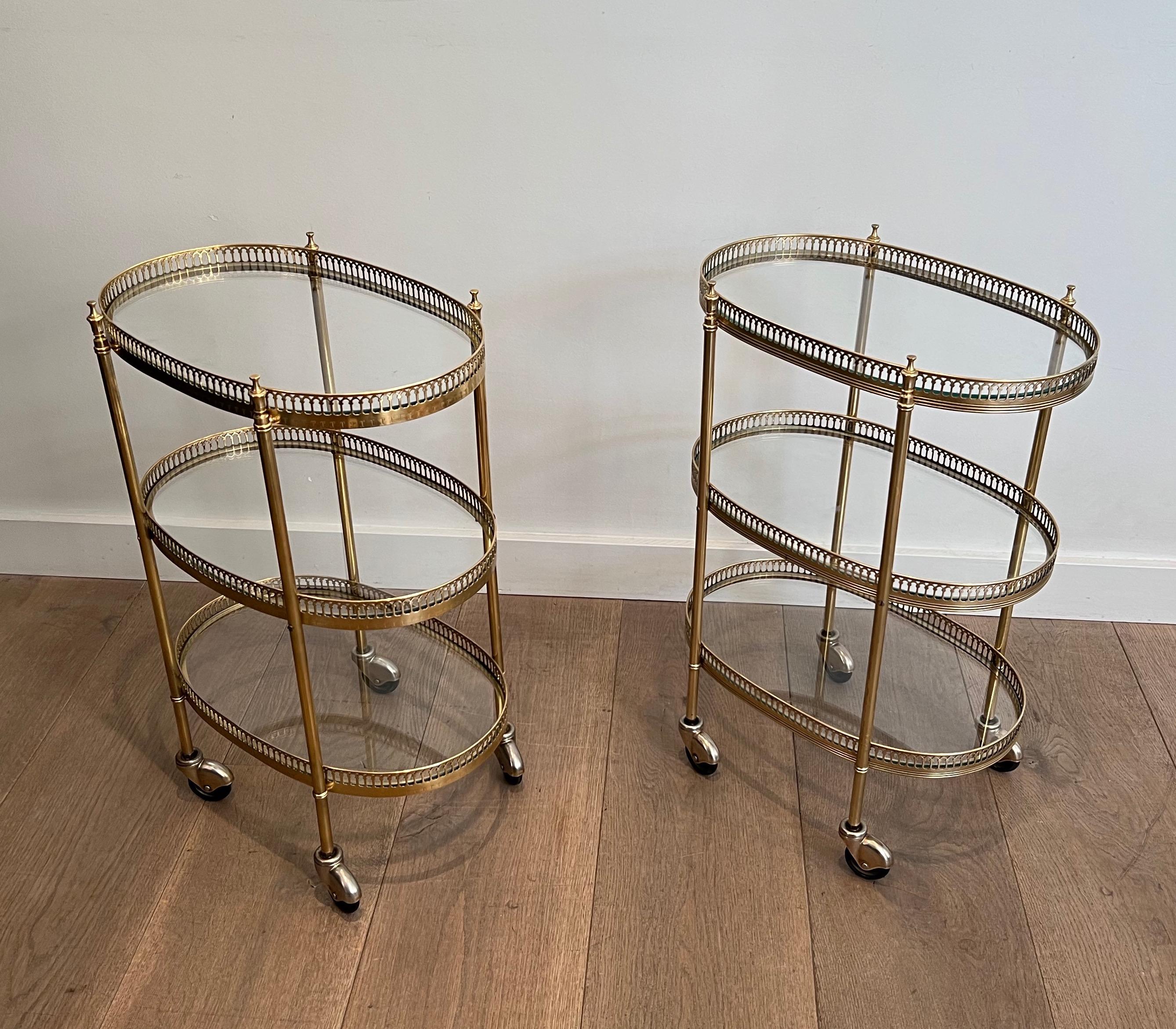 Pair of 3 Tiers Oval Brass Drinks Trolley in the Style of Maison Jansen 4