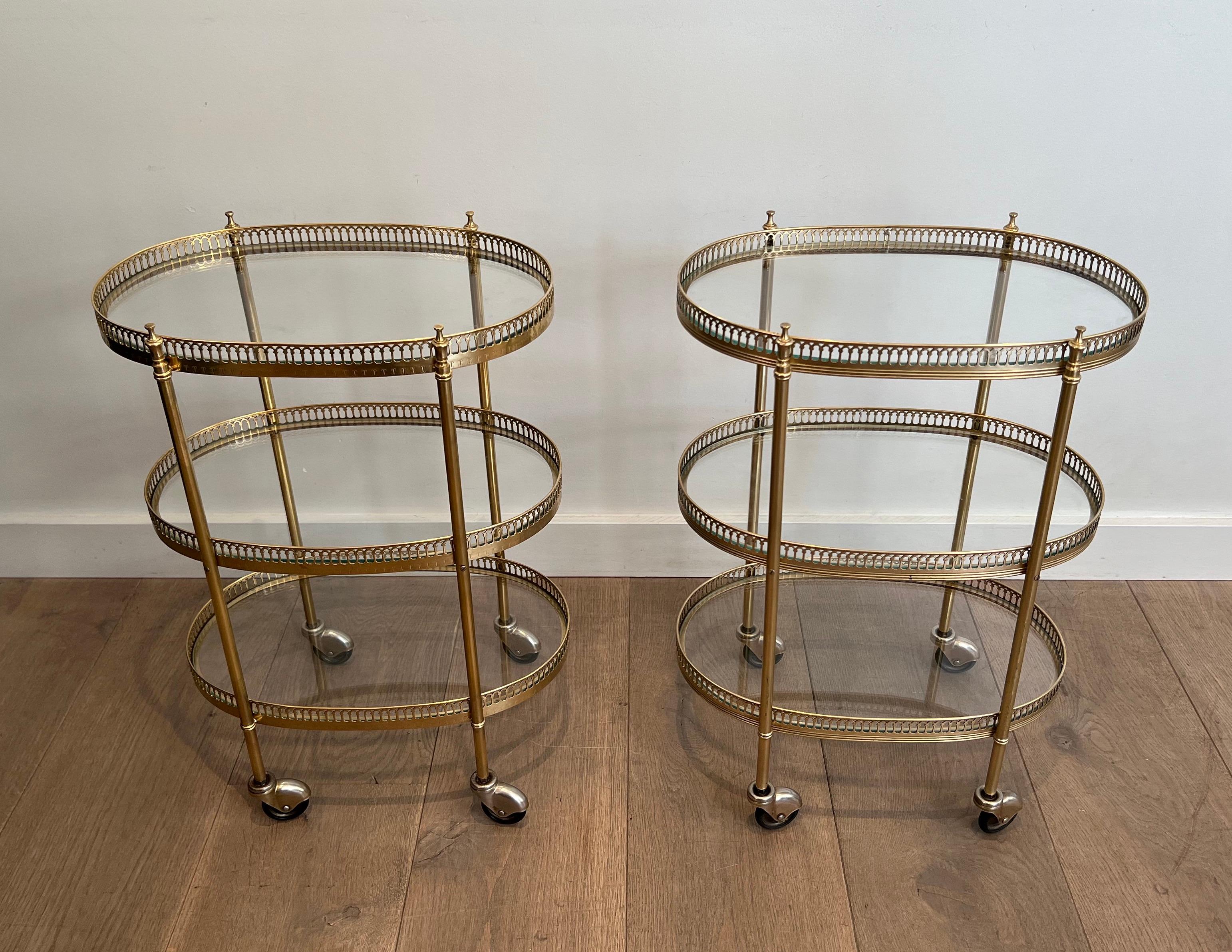 Pair of 3 Tiers Oval Brass Drinks Trolley in the Style of Maison Jansen 5