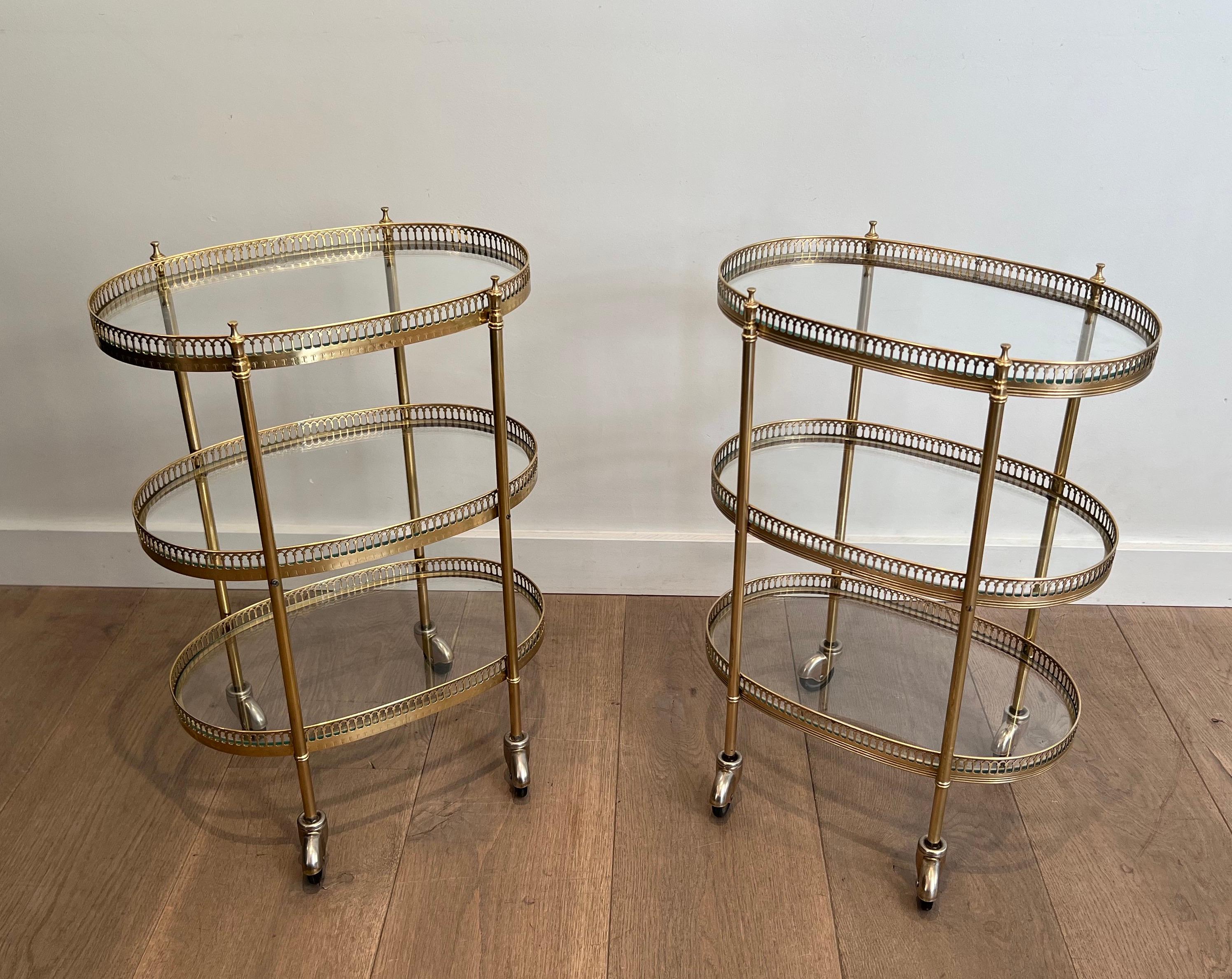 Pair of 3 Tiers Oval Brass Drinks Trolley in the Style of Maison Jansen 6