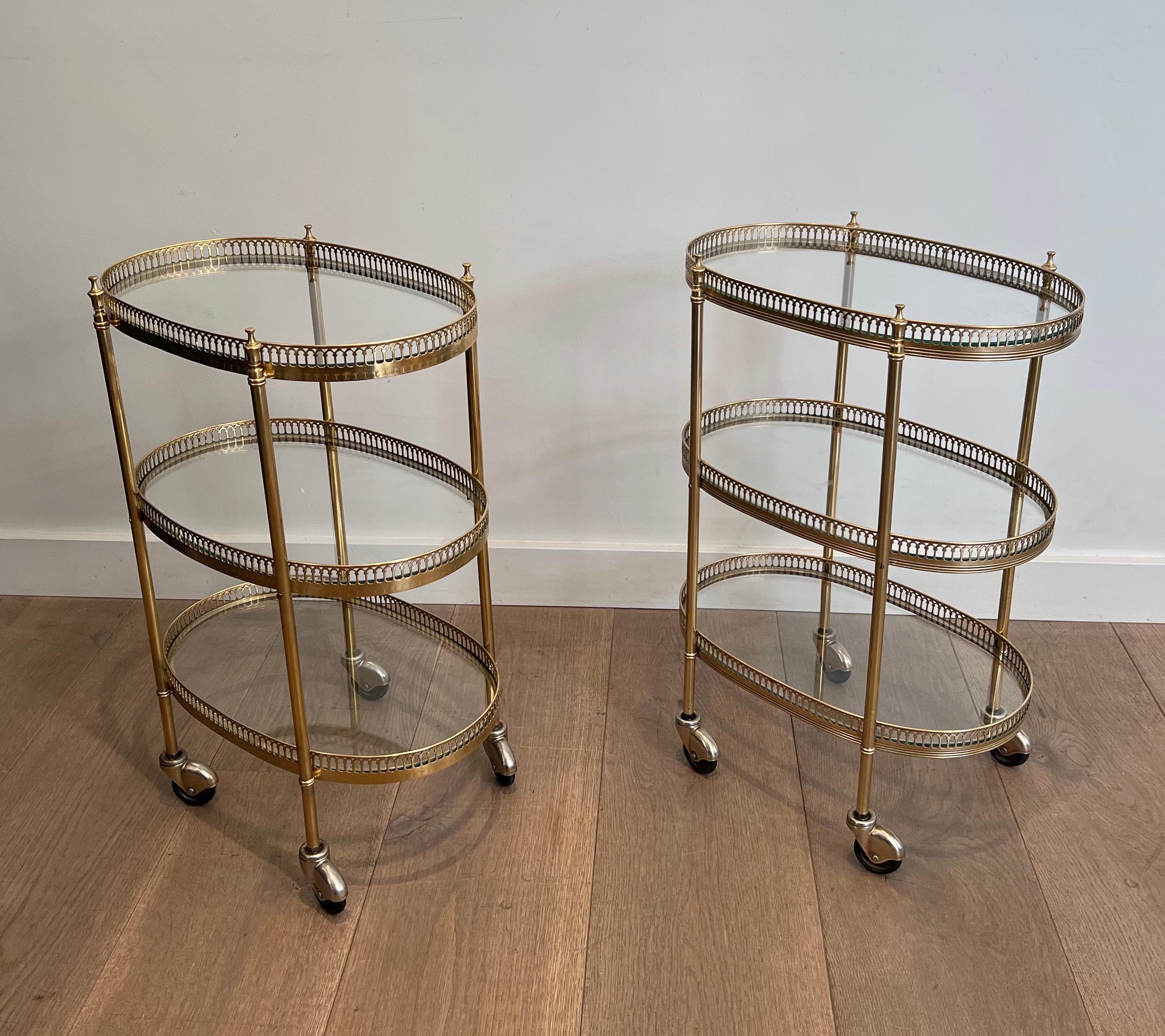 Pair of 3 Tiers Oval Brass Drinks Trolley in the Style of Maison Jansen 7
