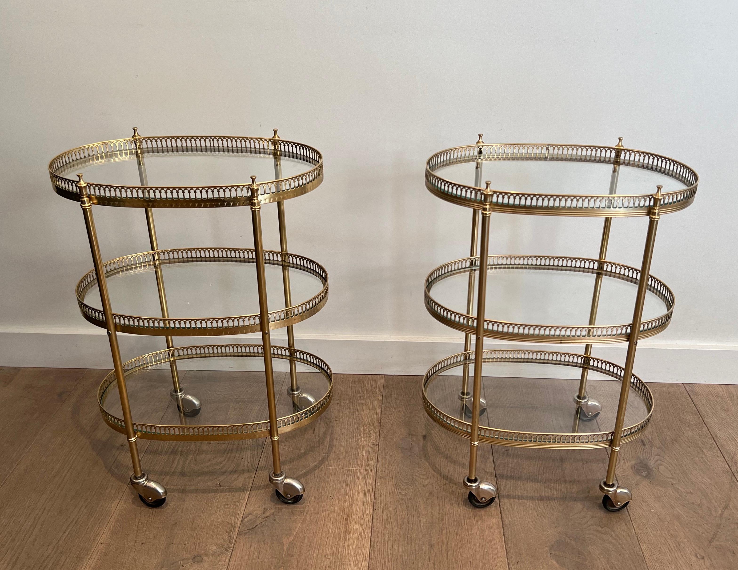 Pair of 3 Tiers Oval Brass Drinks Trolley in the Style of Maison Jansen 8