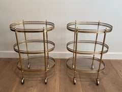 Pair of 3 Tiers Oval Brass Drinks Trolley in the Style of Maison Jansen