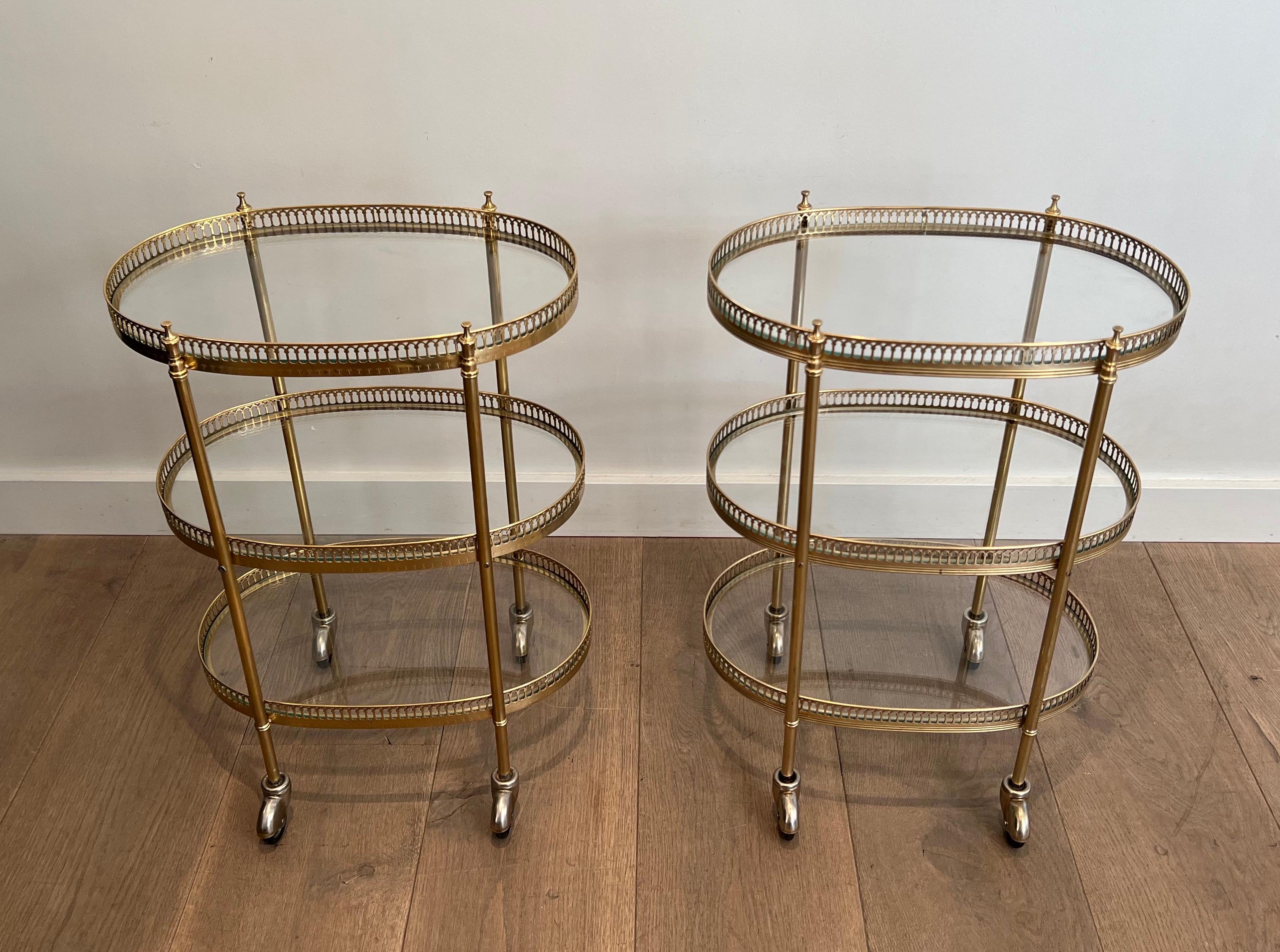 Neoclassical Pair of 3 Tiers Oval Brass Drinks Trolley in the Style of Maison Jansen