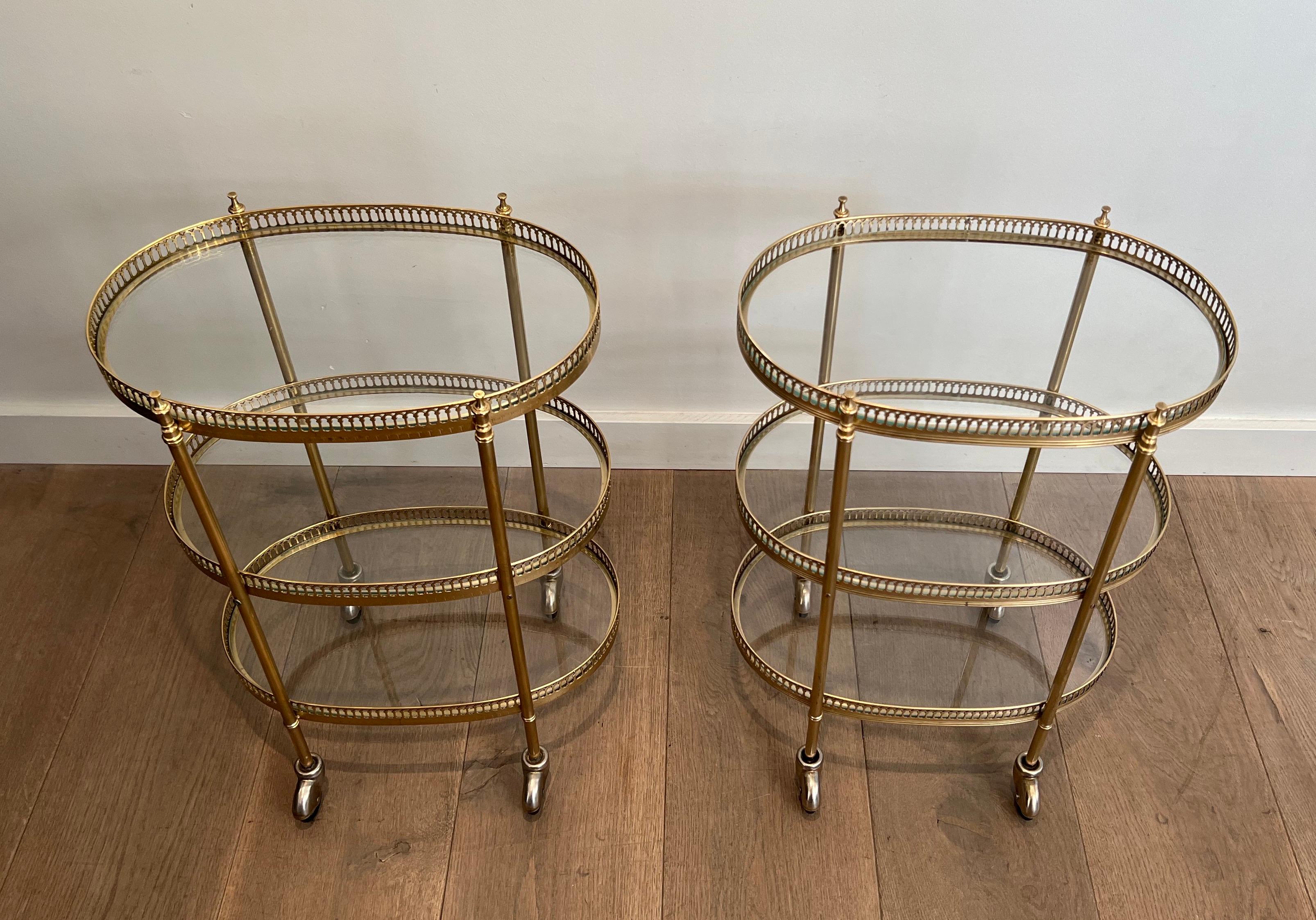 French Pair of 3 Tiers Oval Brass Drinks Trolley in the Style of Maison Jansen
