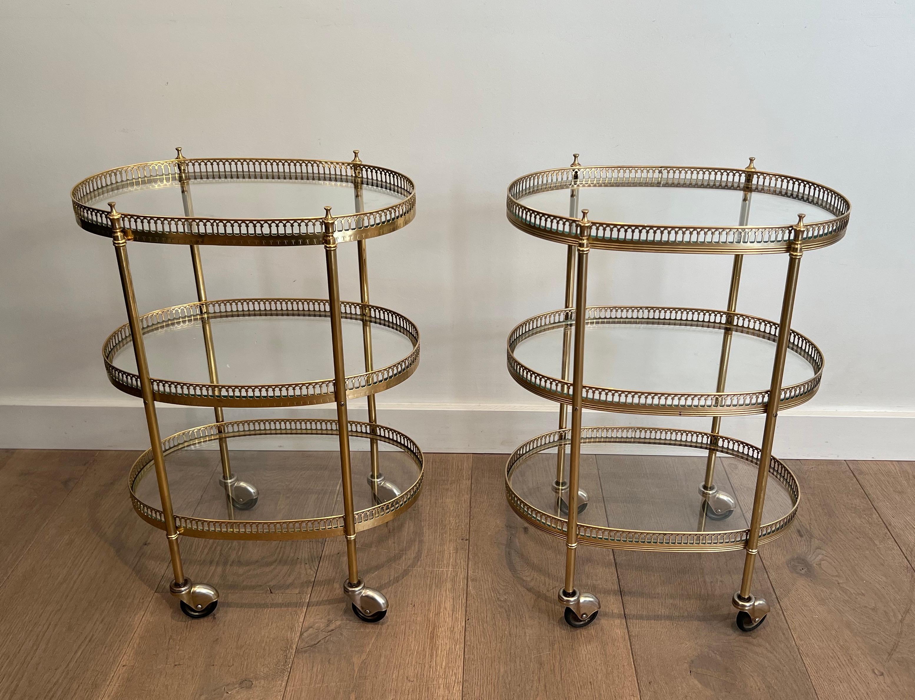 20th Century Pair of 3 Tiers Oval Brass Drinks Trolley in the Style of Maison Jansen