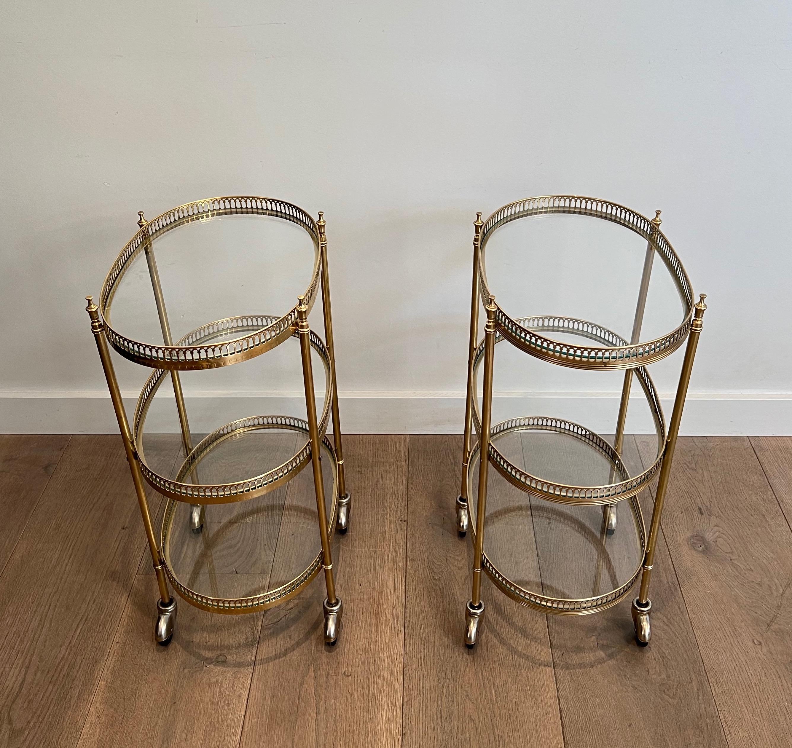 Pair of 3 Tiers Oval Brass Drinks Trolley in the Style of Maison Jansen 1