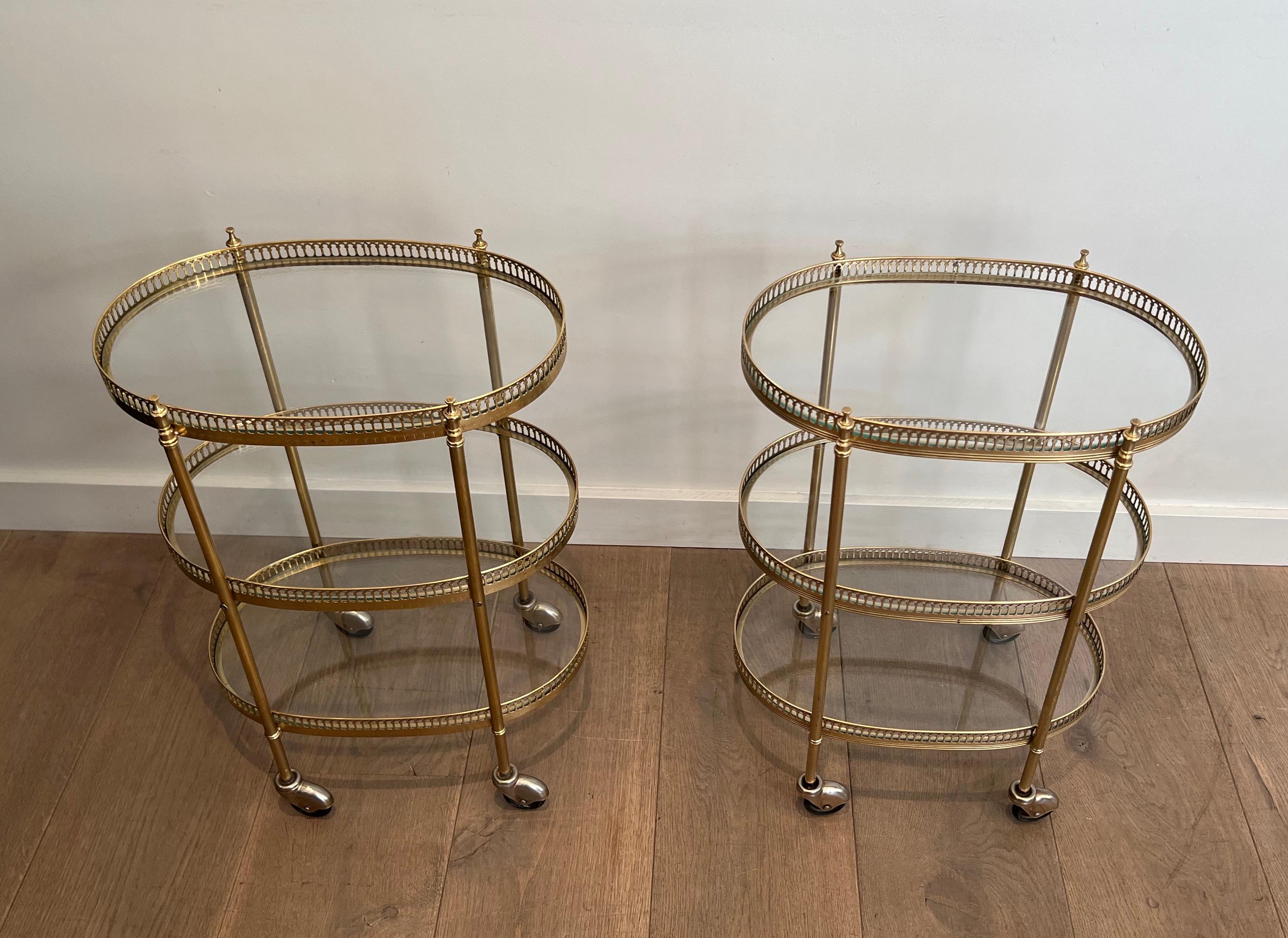Pair of 3 Tiers Oval Brass Drinks Trolley in the Style of Maison Jansen 3