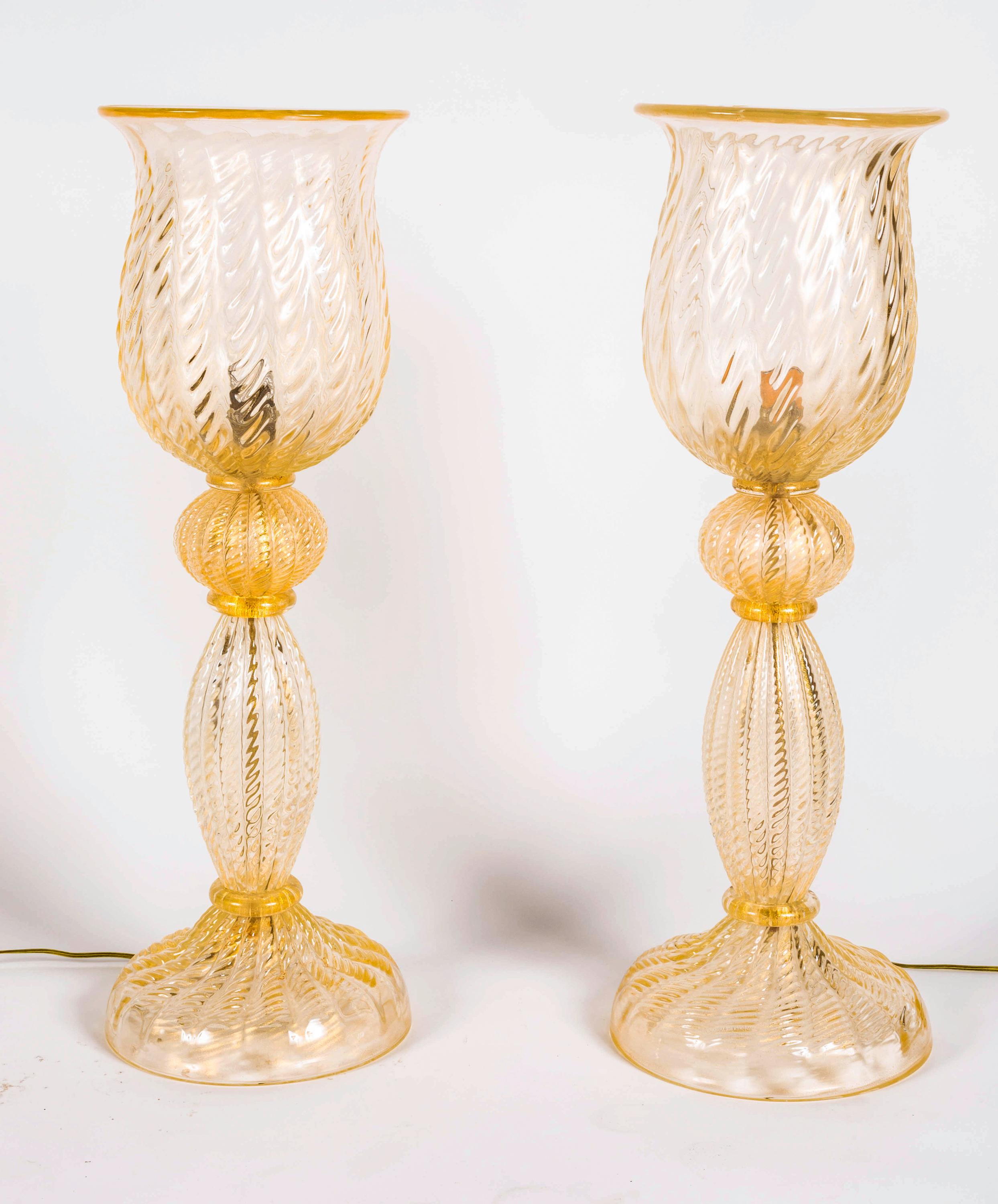 Italian Grand Scale Avventurina Murano Glass Lamps, Pair