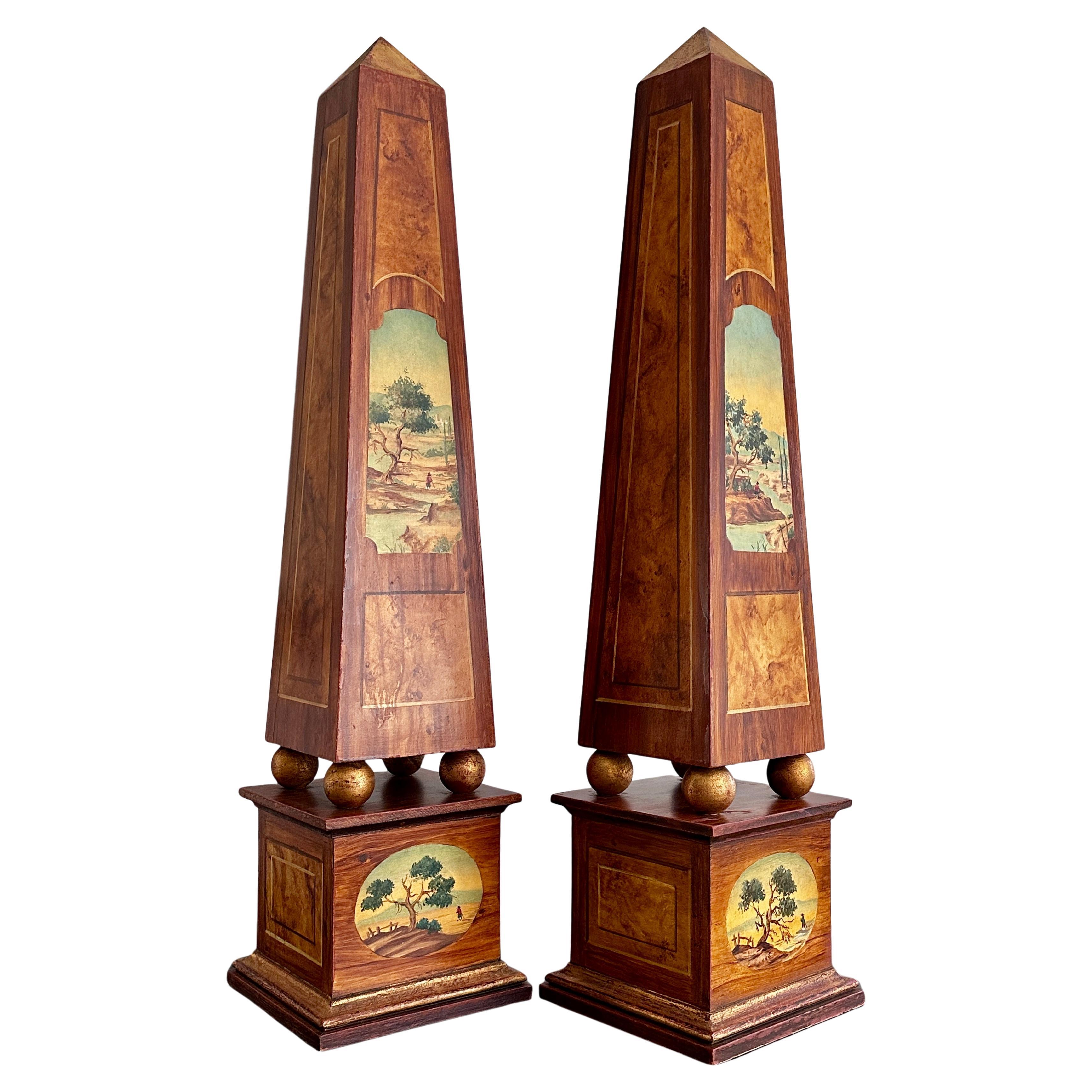 Paar von 31 Zoll hoch hölzernen Faux Bois / vergoldet Obelisk, Made in France