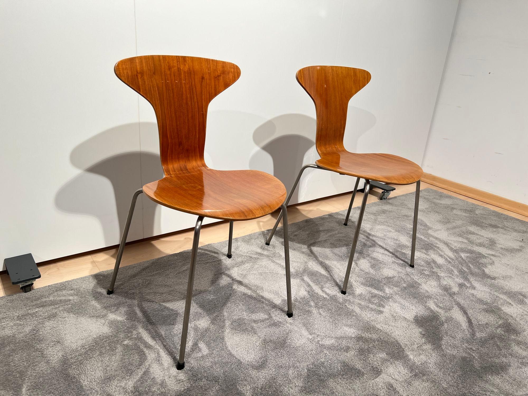 Stainless Steel Pair of 3105 'Mosquito' Chairs by Arne Jacobsen, F. Hansen, Teak, Denmark, 1950s For Sale