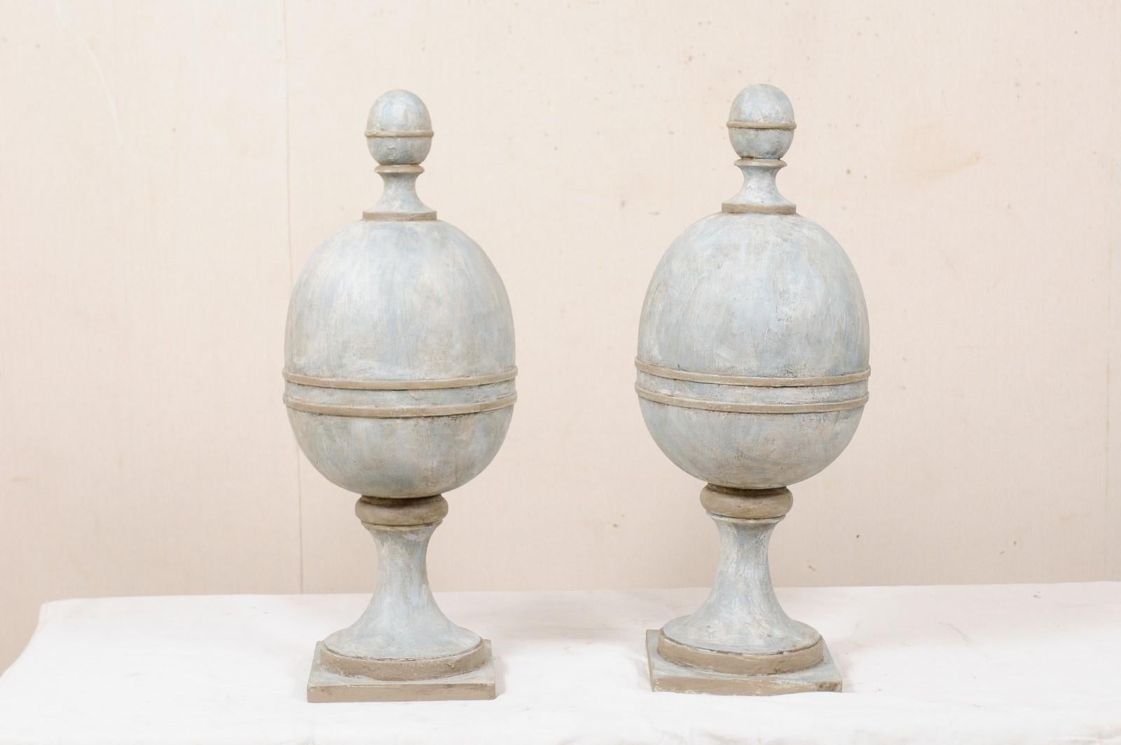 American Pair of Artisan-Crafted Solid Wood Finials in Blue and Gray Color