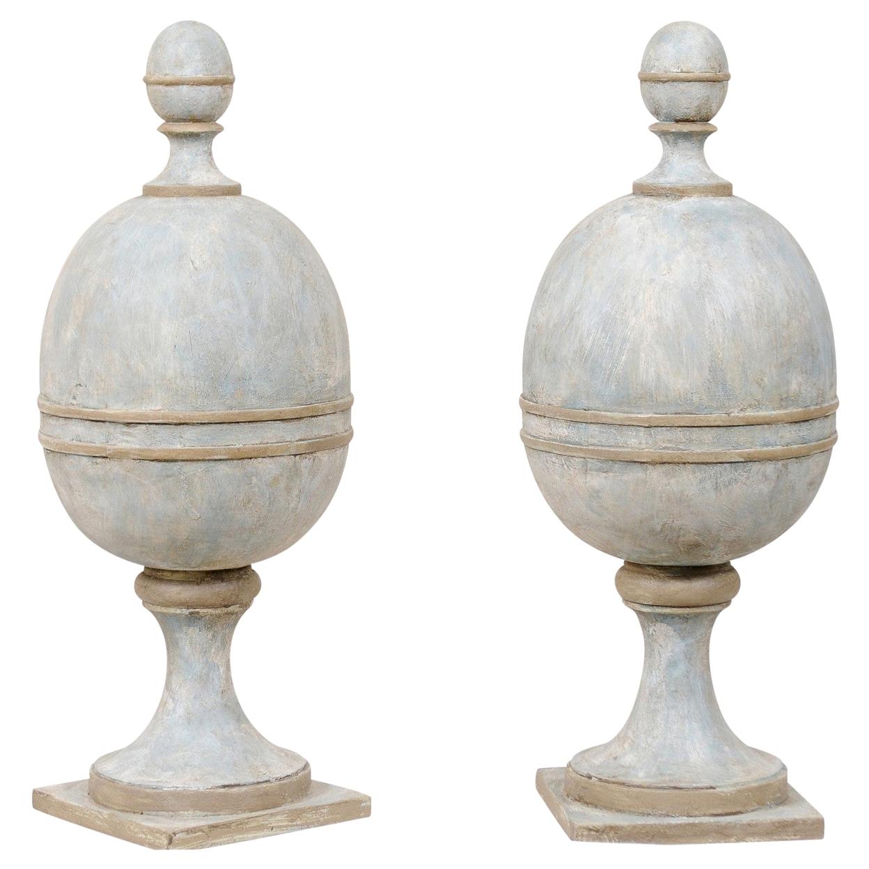 Pair of Artisan-Crafted Solid Wood Finials in Blue and Gray Color