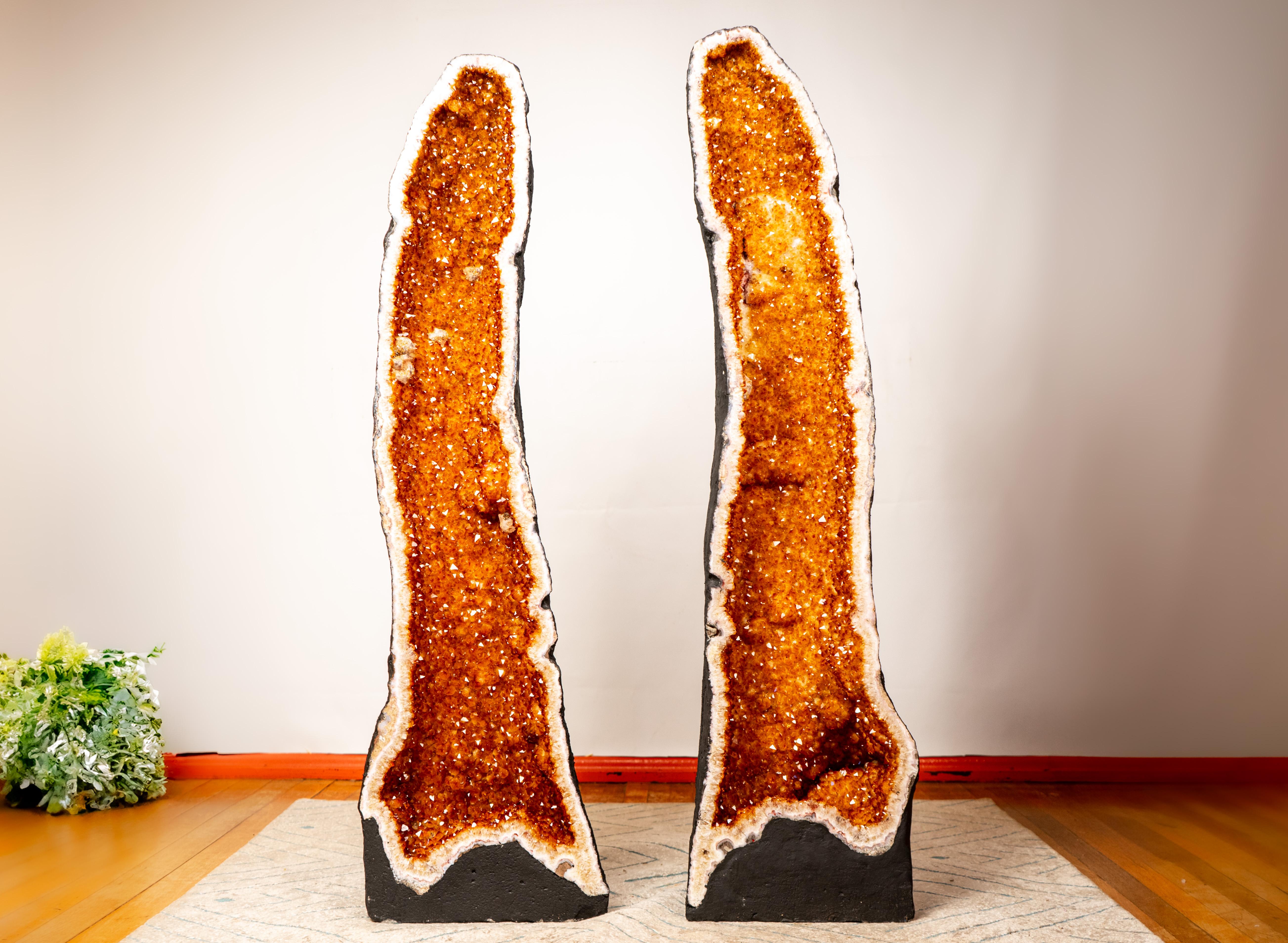 Geodas Altas de Citrino con Formación Delgada y Recta y Druzy Naranja Brillante

▫️ Descripción ▫️

De vez en cuando, la naturaleza se supera a sí misma: aquí, en forma de un par de esculturales geodas de citrino. Estas rarezas, que muestran una