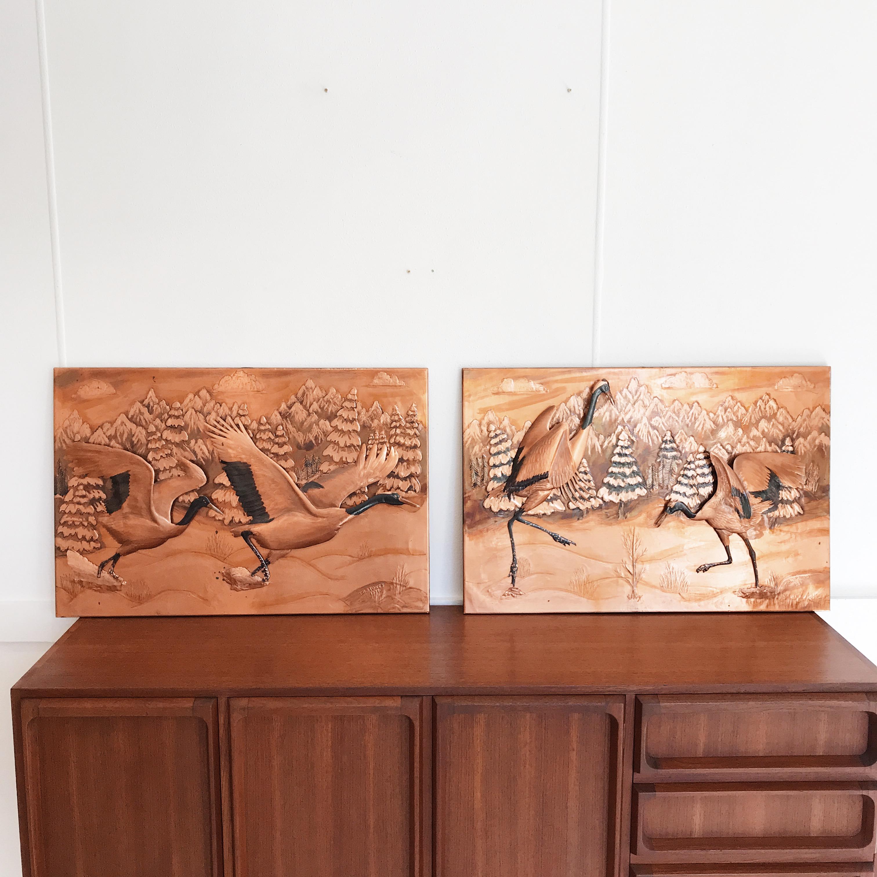 Stunning pair of wall hanging copper art works by outsider Australian artist J.H. Stokes. One piece depicts water birds taking off in flight and the other depicts the same, or very similar, two birds, together in dance. 

 