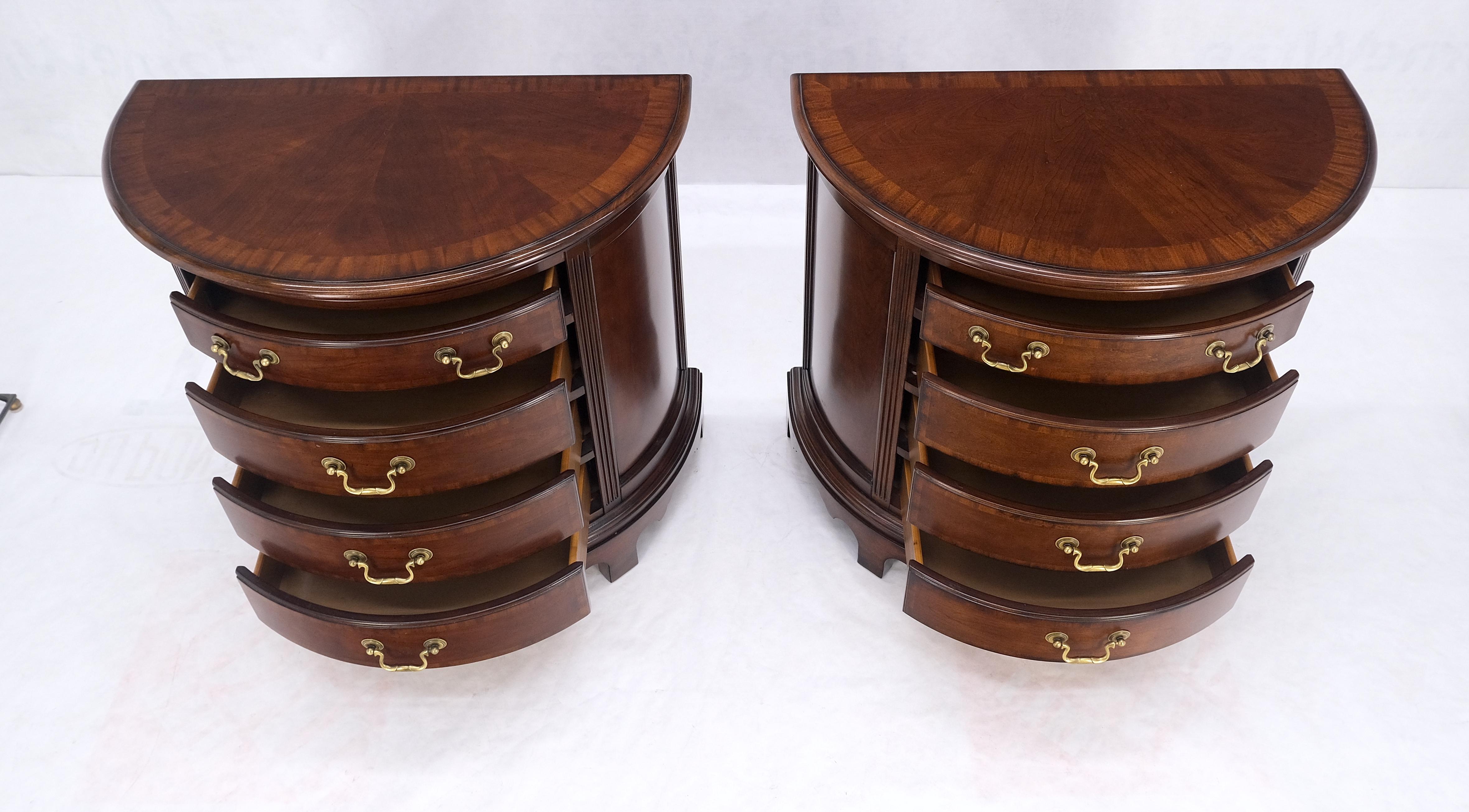 Pair of 4 Drawer Banded Top Demi Lune Consoles Dressers Brass Drop Pulls MINT! For Sale 4