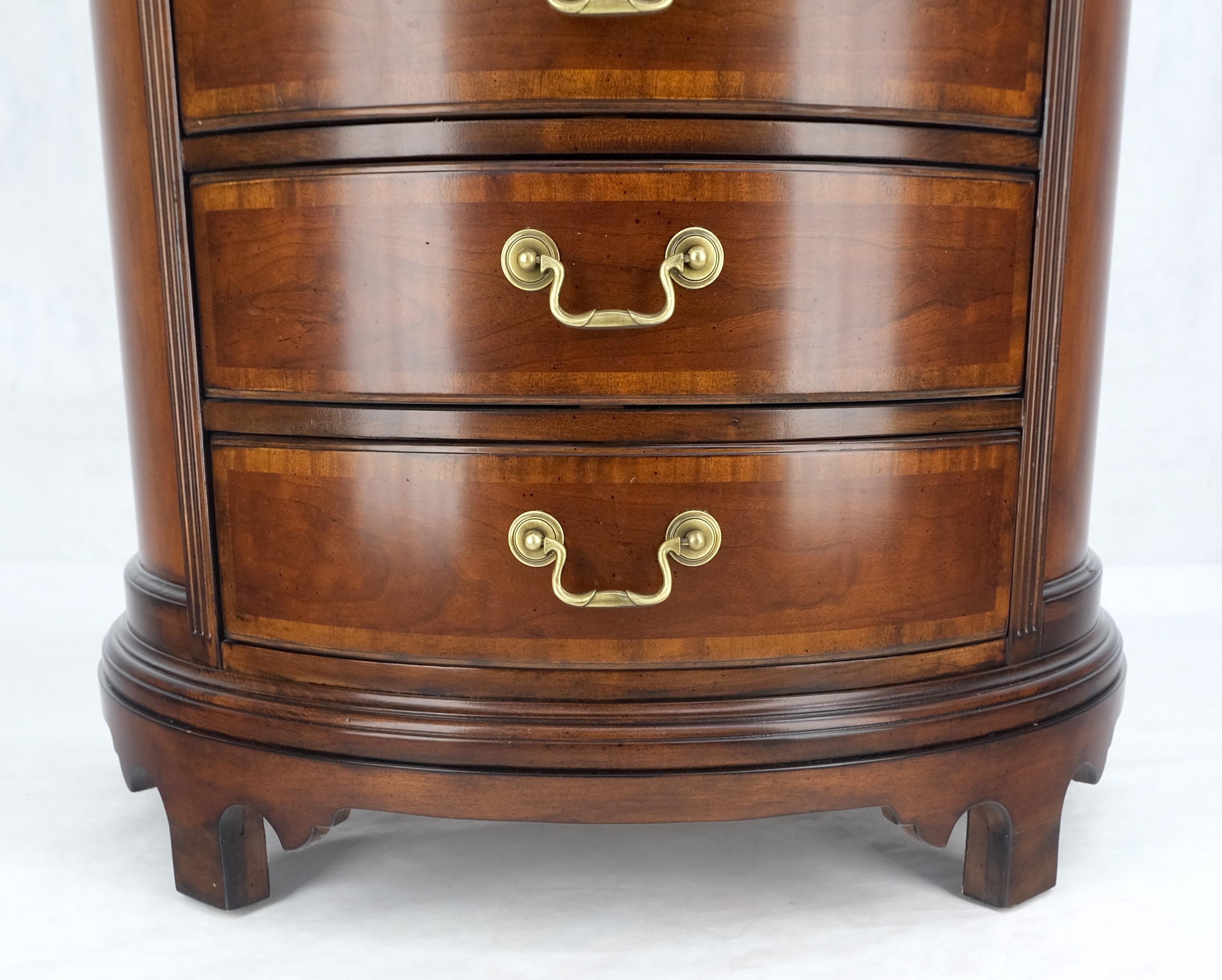 Pair of 4 Drawer Banded Top Demi Lune Consoles Dressers Brass Drop Pulls MINT! In Good Condition For Sale In Rockaway, NJ