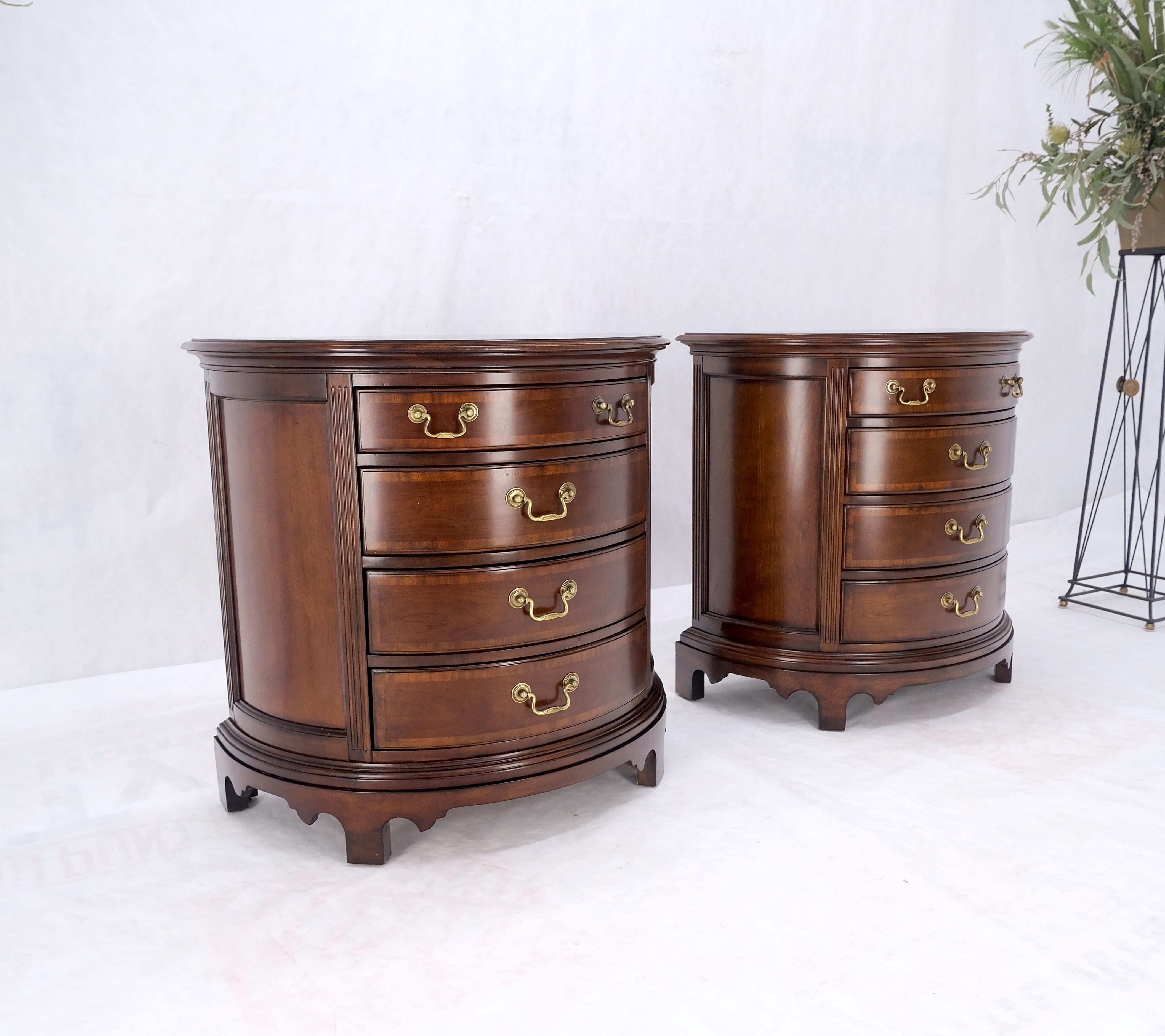 20th Century Pair of 4 Drawer Banded Top Demi Lune Consoles Dressers Brass Drop Pulls MINT! For Sale