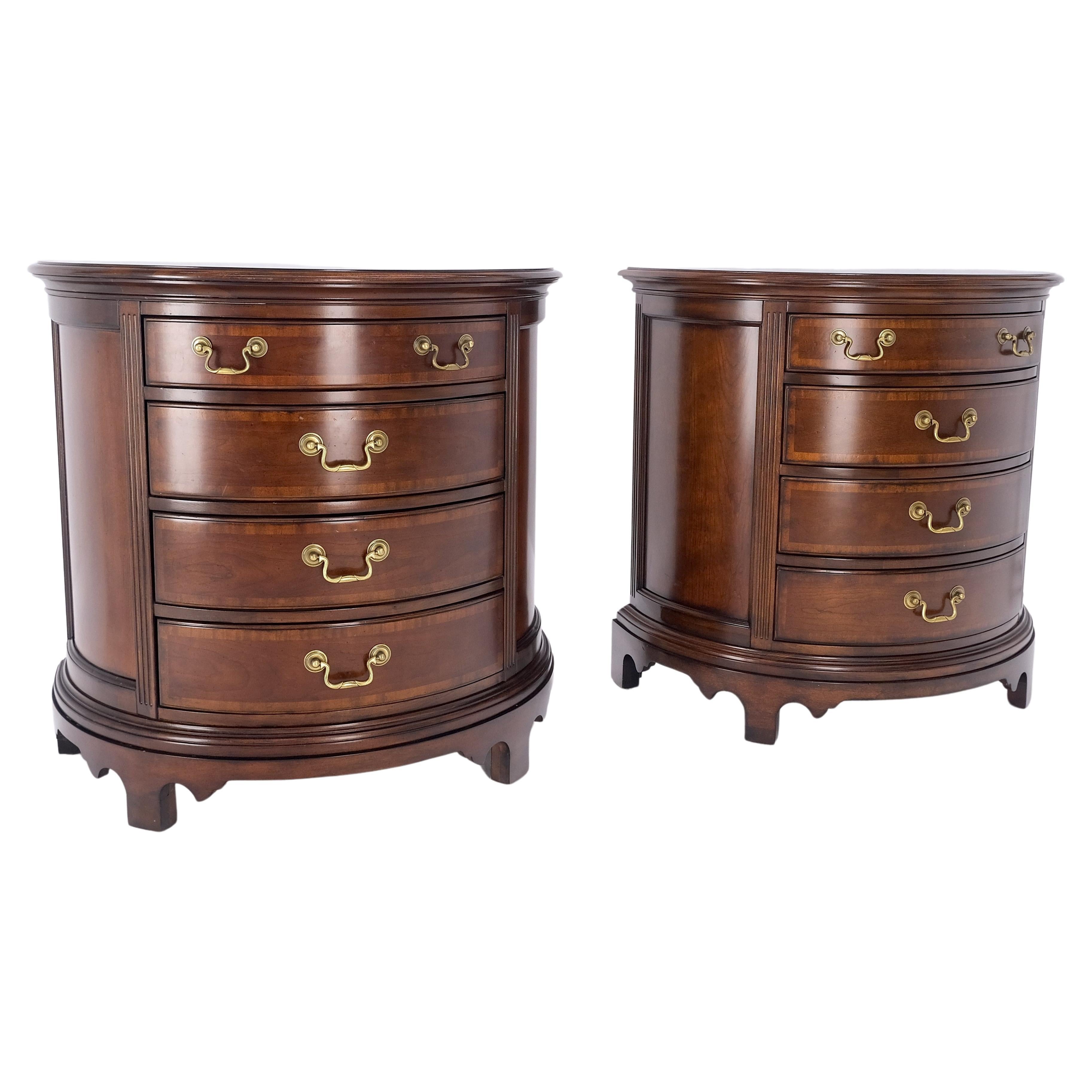 Pair of 4 Drawer Banded Top Demi Lune Consoles Dressers Brass Drop Pulls MINT! For Sale