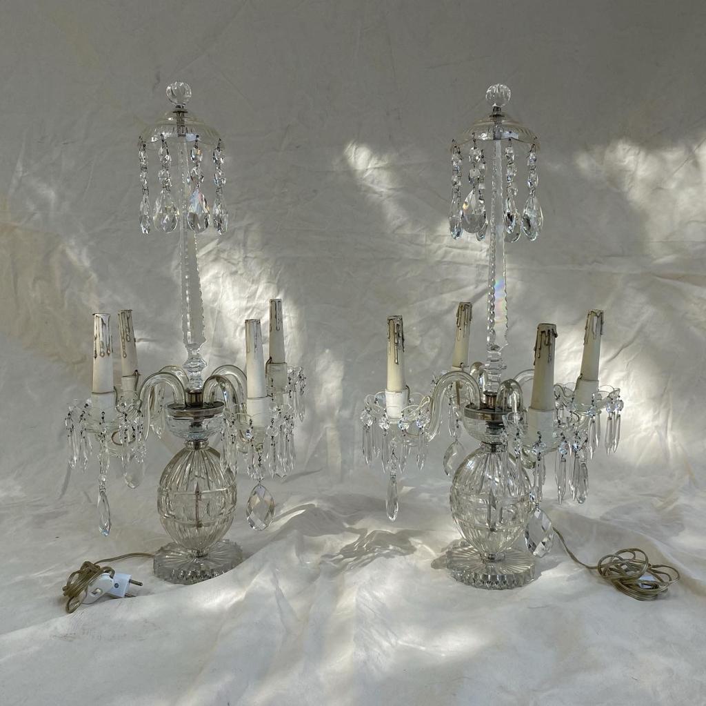 Pair of 4-light crystal lamps. France 20th century electrified.