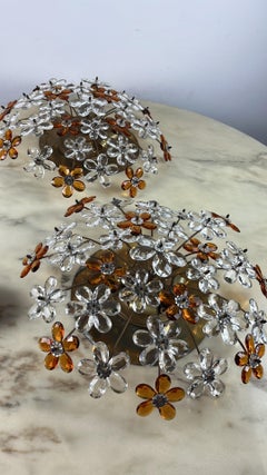 Pair of 4-light Maison Baguès Mid-Century Crystal Flower Ceiling Lights