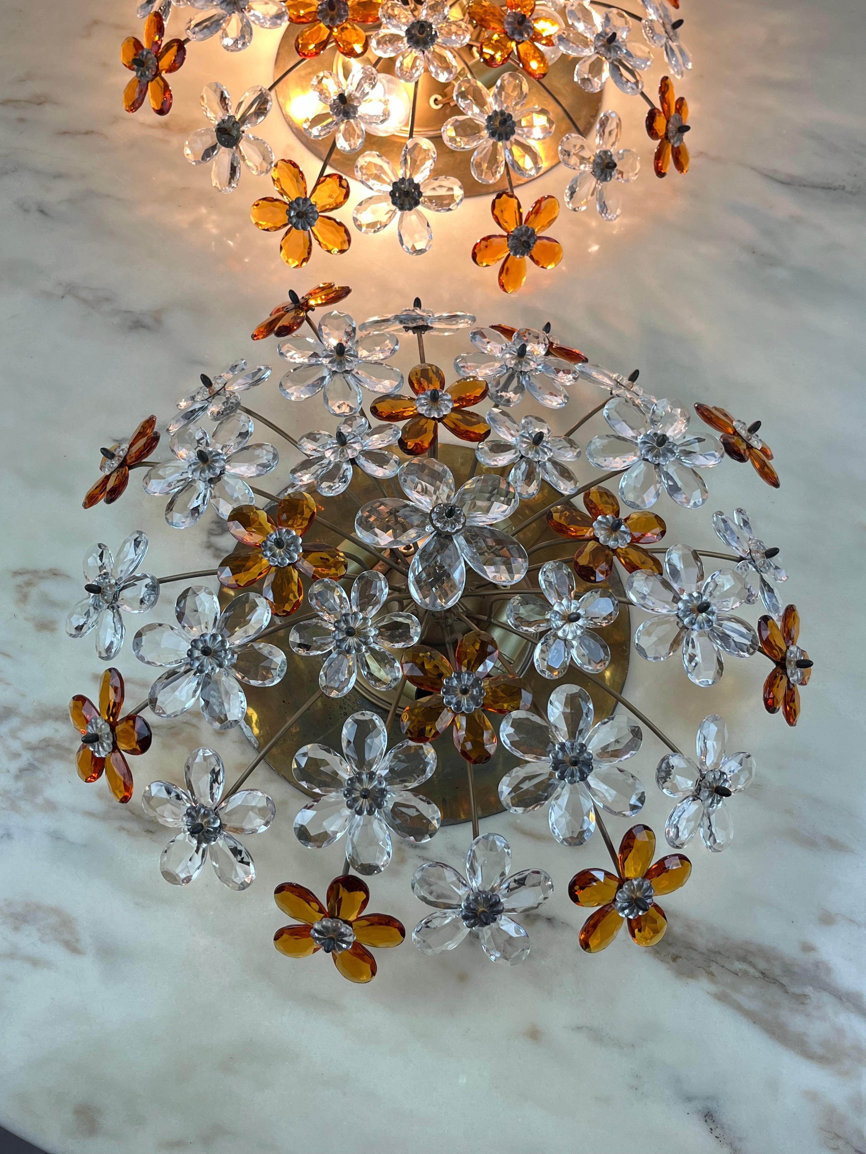 Pair of 4-light Maison Baguès Mid-Century Crystal Flower Ceiling Lights For Sale 1